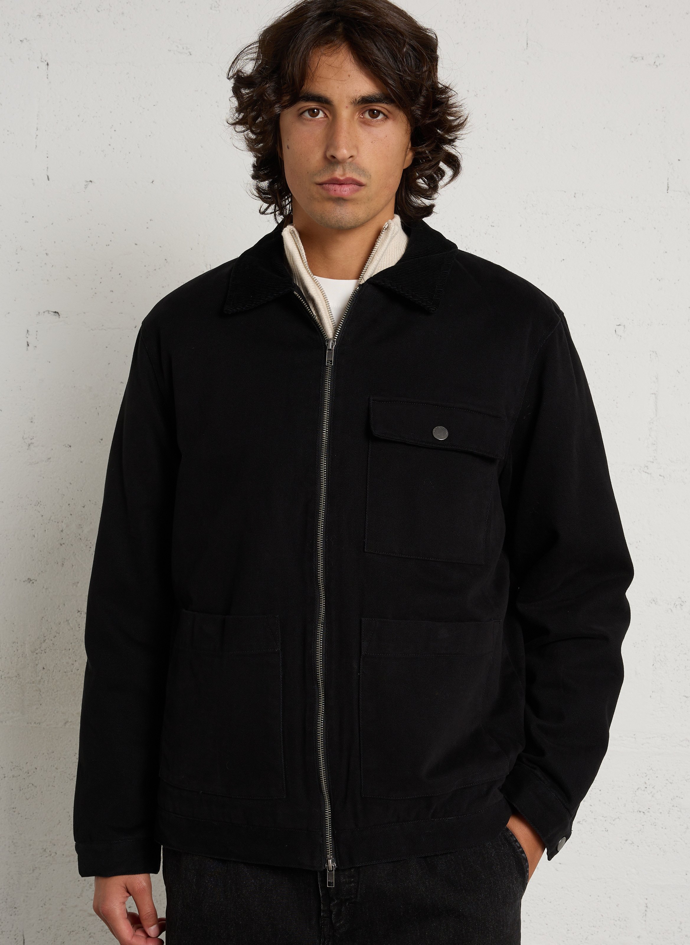 Veste droite col côtelé en coton SOLID Noir