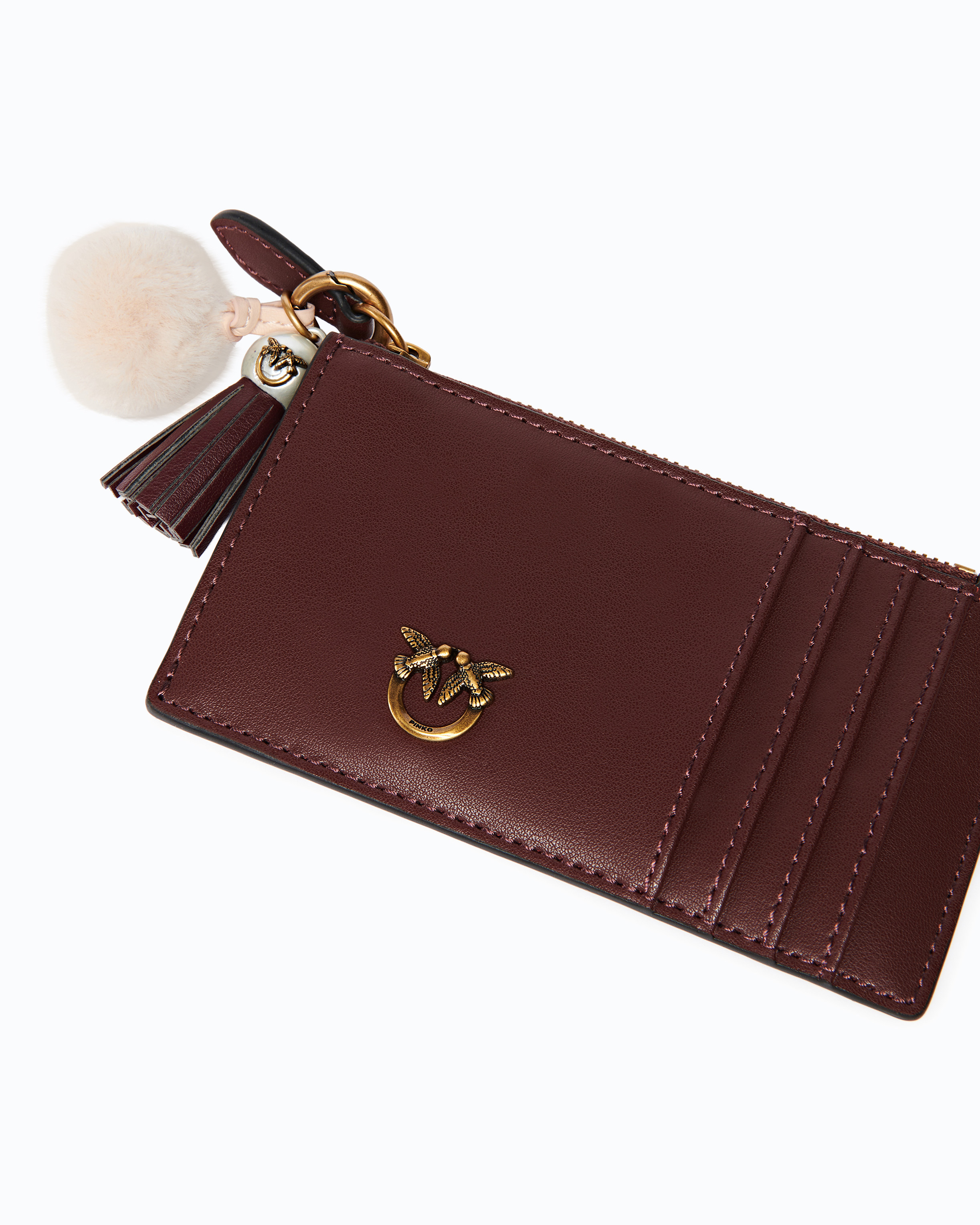 Leather card holder with pompom and tassel PINKO Brown