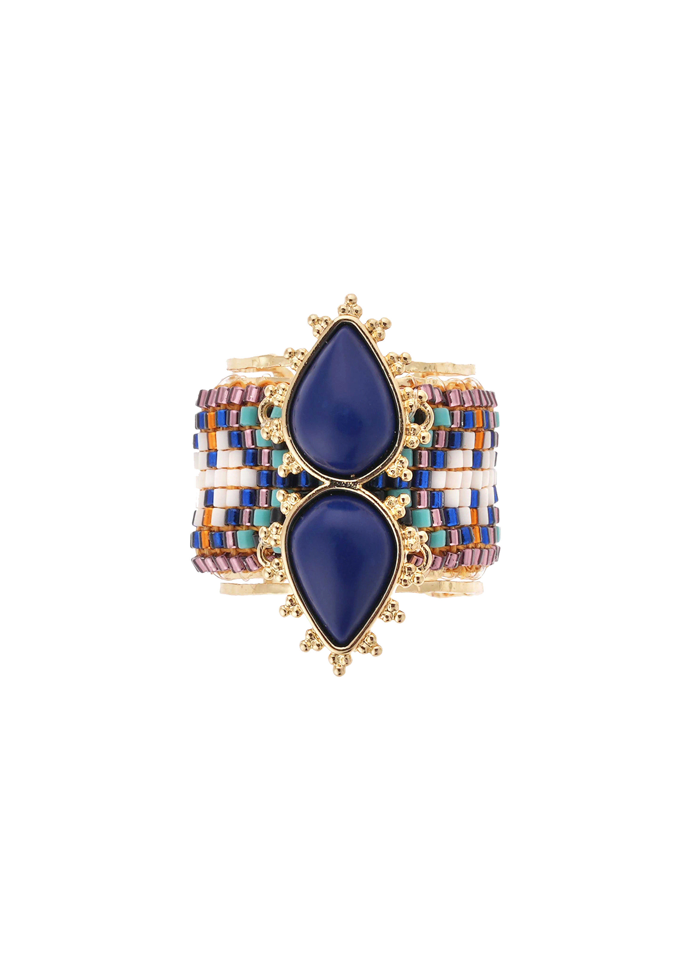 Adjustable ring with central cabochon and woven beads HIPANEMA Blue
