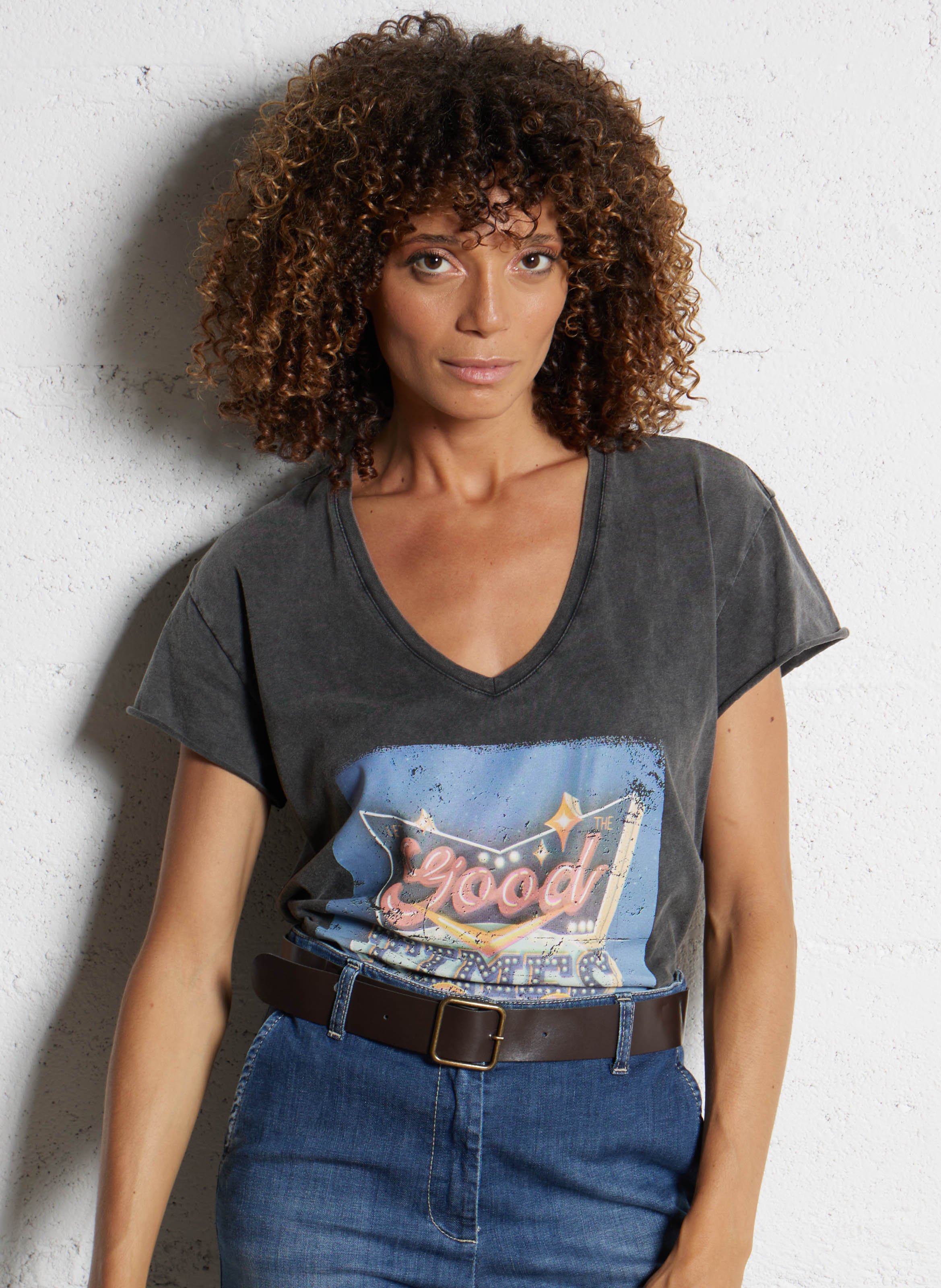 Tee-shirt col V en coton PLEASE Noir