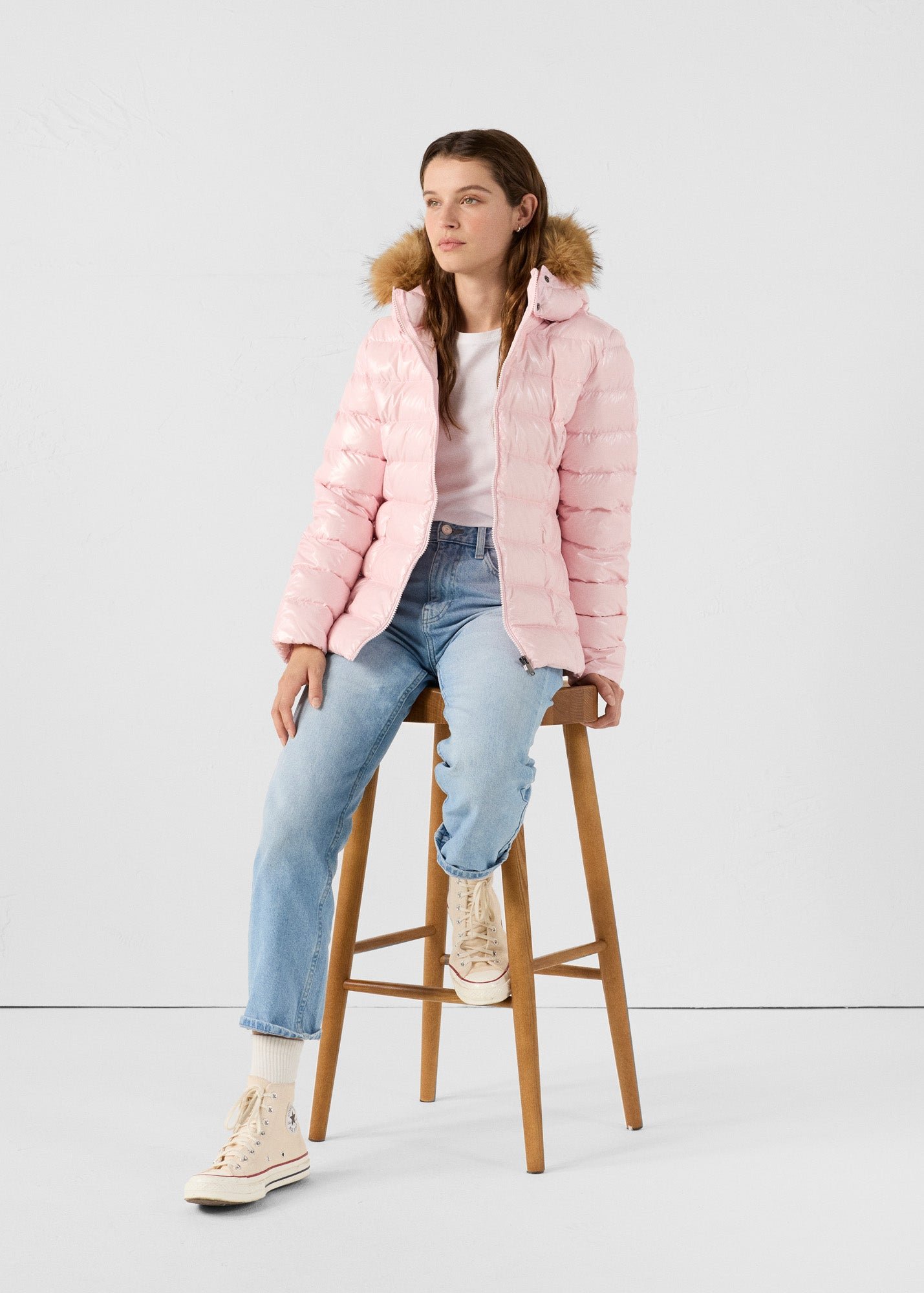 Luxury Petal Pink Lacquered Hooded Puffer Jacket JOTT Pink