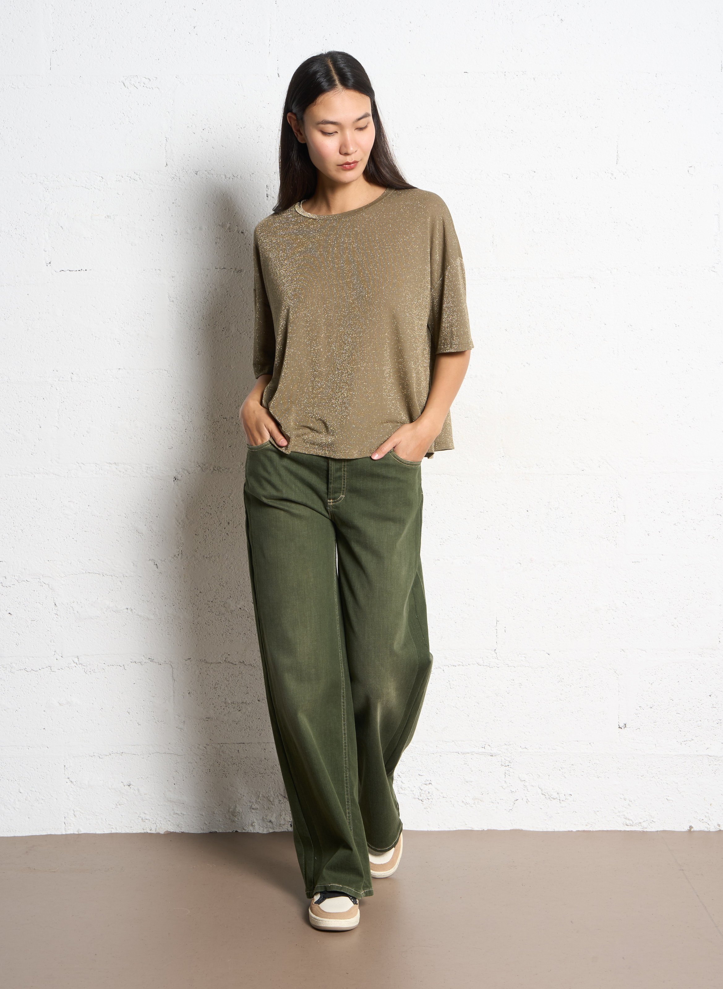 Flowy loose sequined t-shirt PLEASE Khaki
