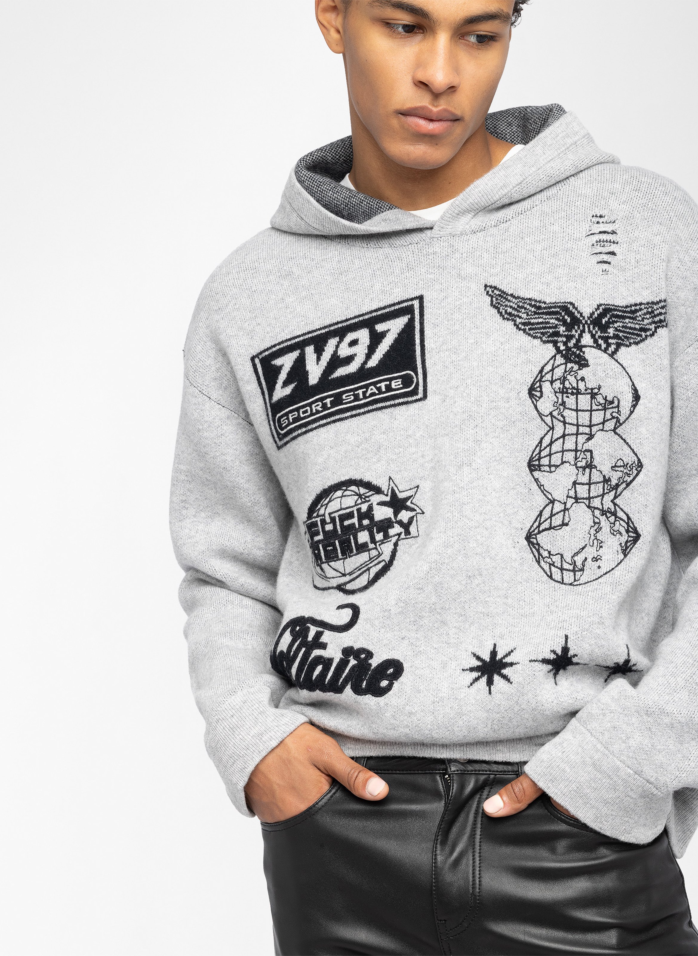 Gerader Hoodie aus Wolle und Kaschmir mit Stickerei ZADIG&VOLTAIRE Grau