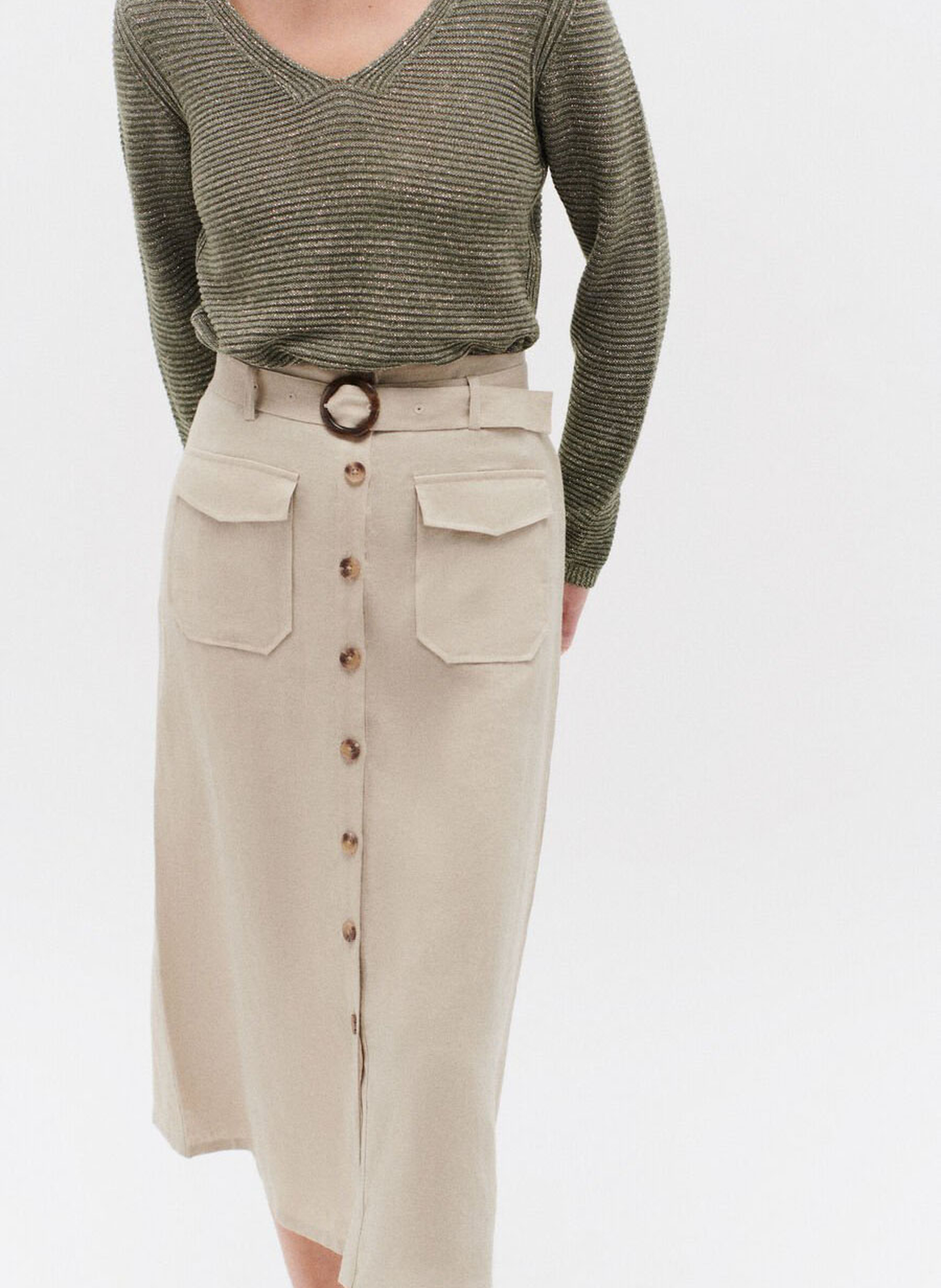 Jupe droite taille haute en lin CAROLL Marron