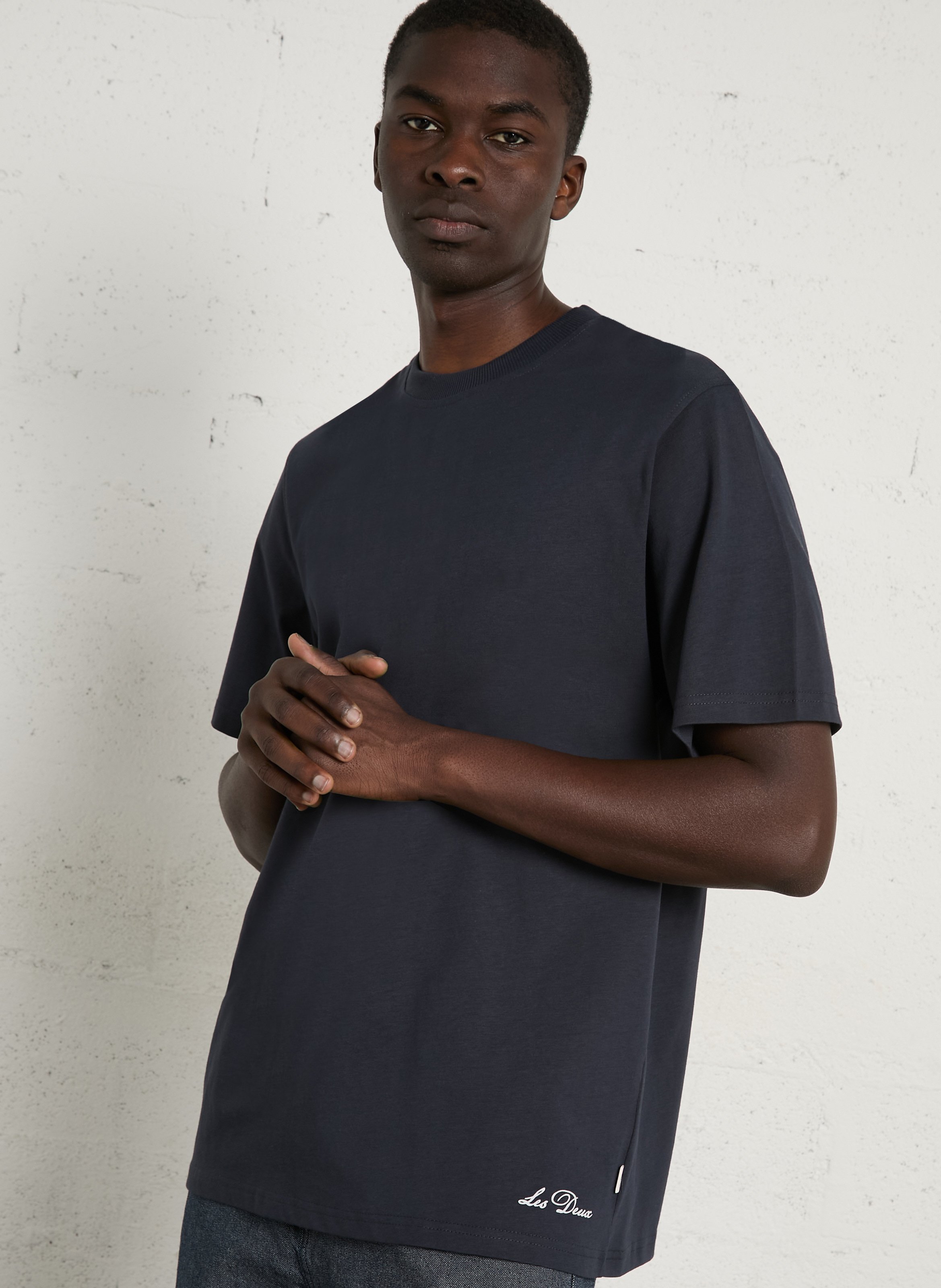 Straight round-neck printed organic cotton T-shirt LES DEUX Blue