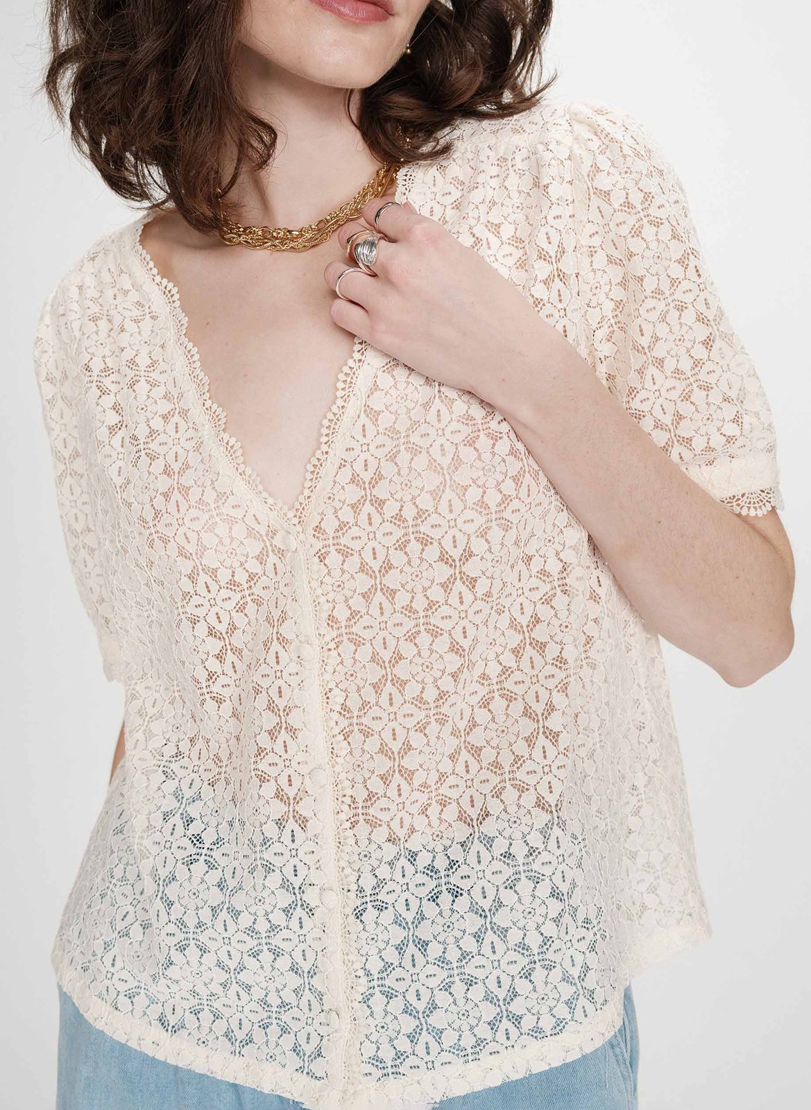 Buttoned lace V-neck top GRACE ET MILA Brown