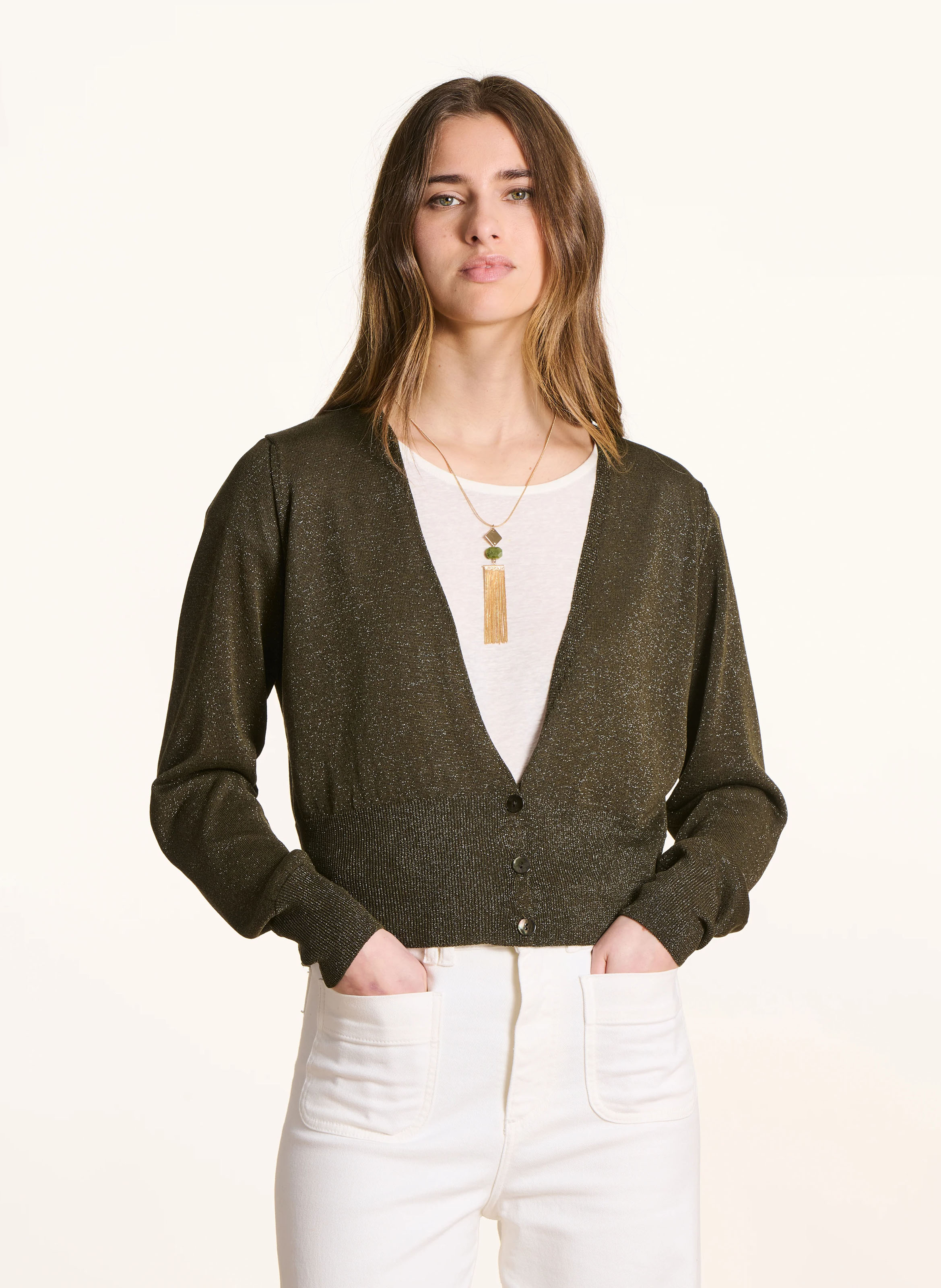 Straight V-neck vest in metallic knit LA FEE MARABOUTEE Green