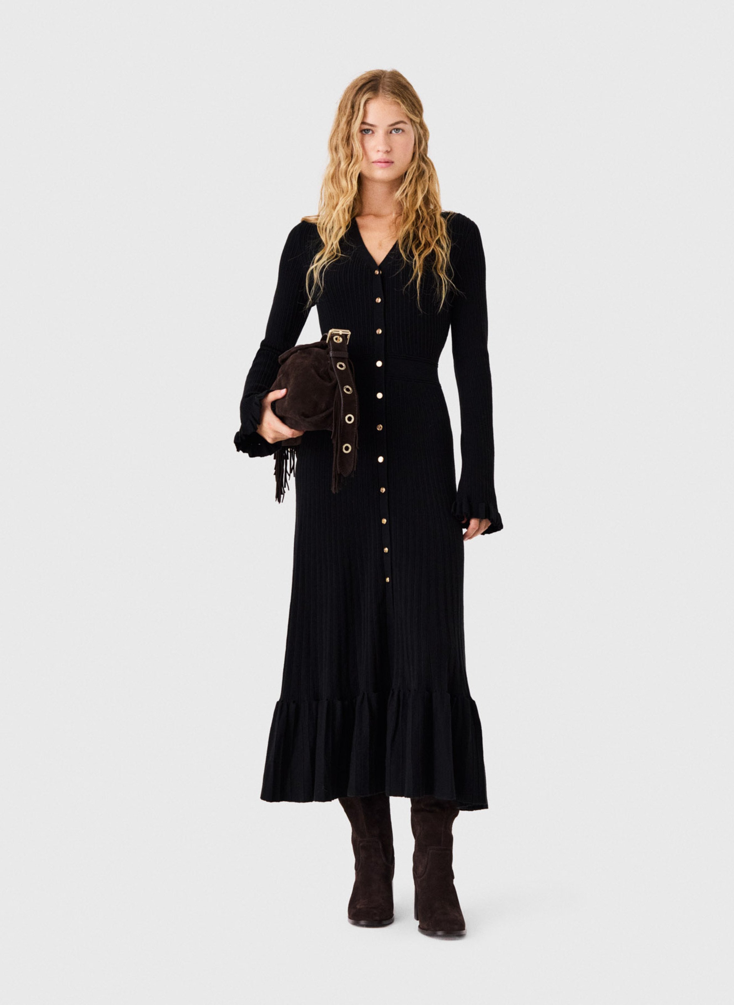 Flared Ribbed Maxi Dress MAJE Black