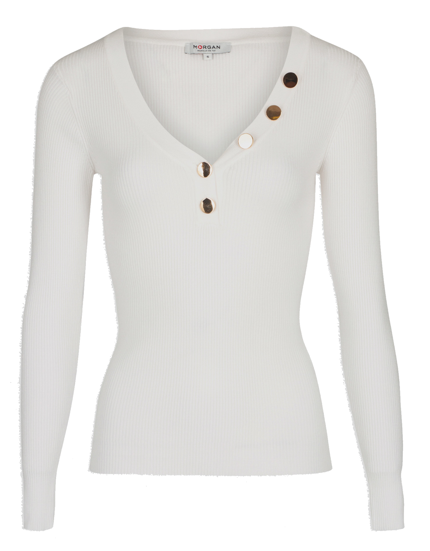 Pull col V boutonné en maille côtelée MORGAN Beige