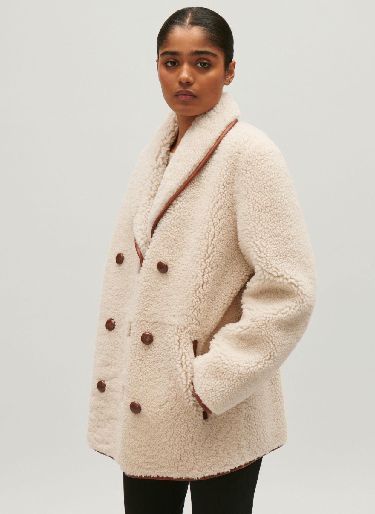 White Wool and leather coat with reversible shawl collar