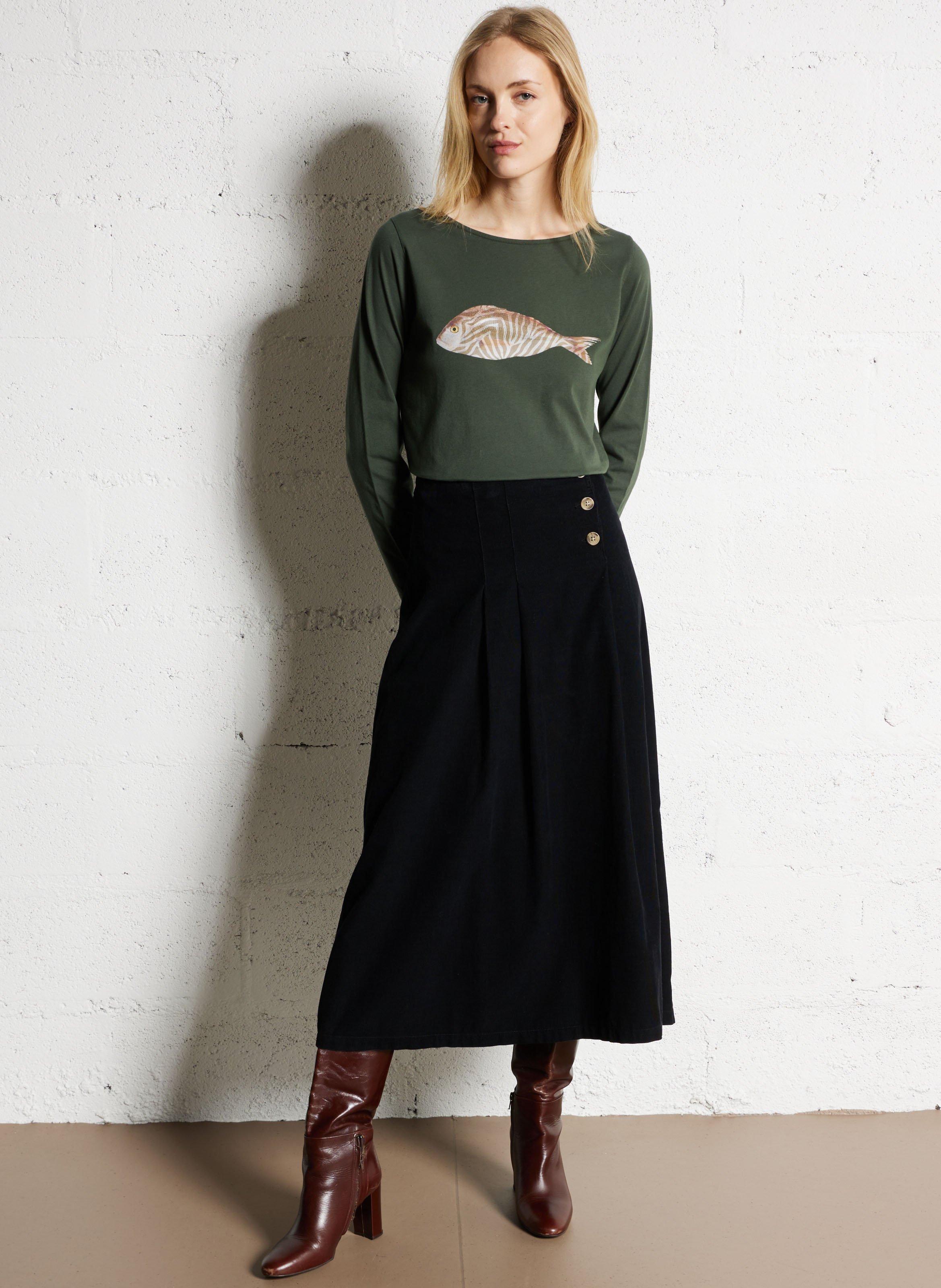 Jupe midi en coton côtelé NICE THINGS Noir