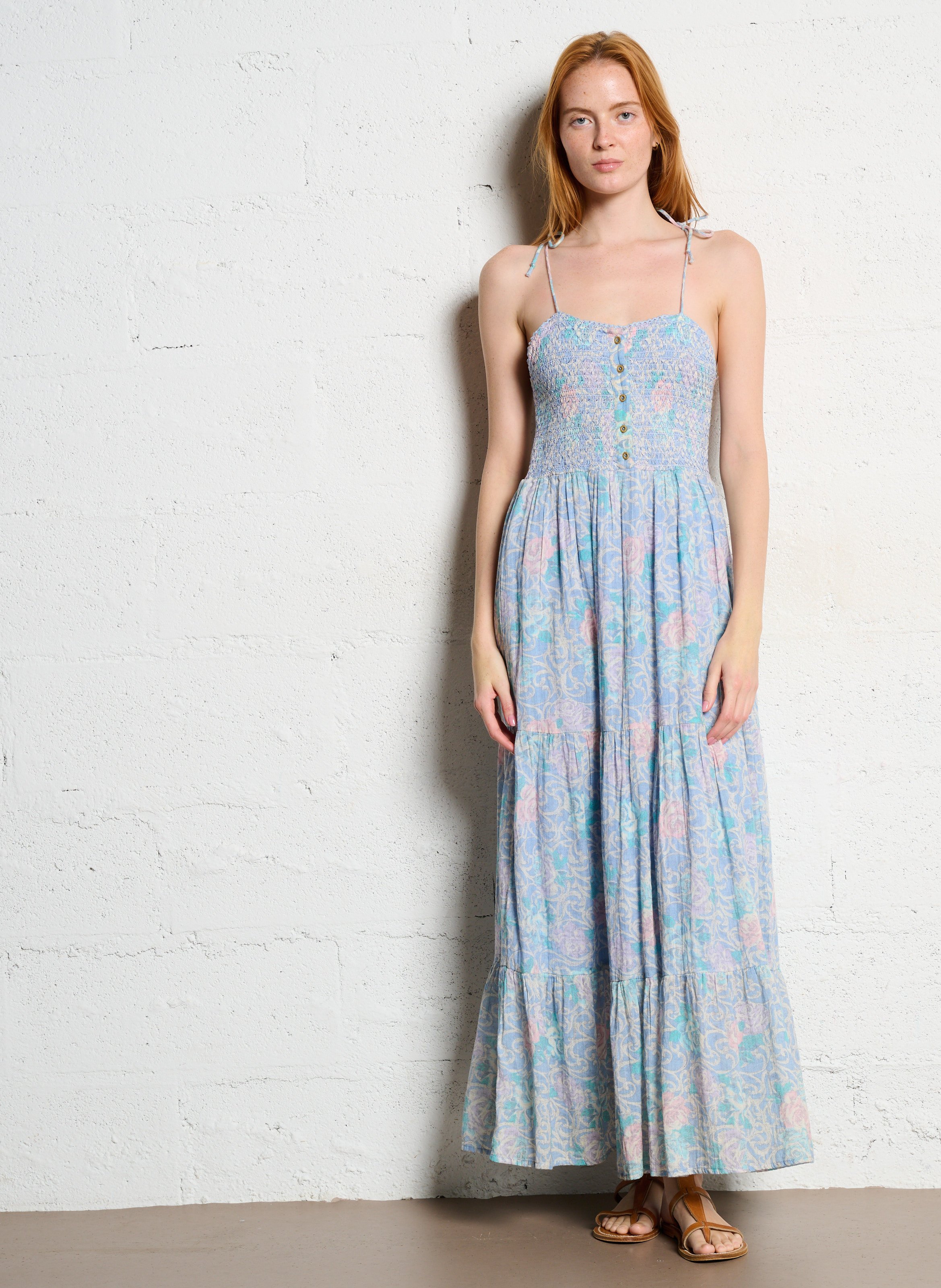 Robe longue en coton imprimé MAISON HOTEL Bleu