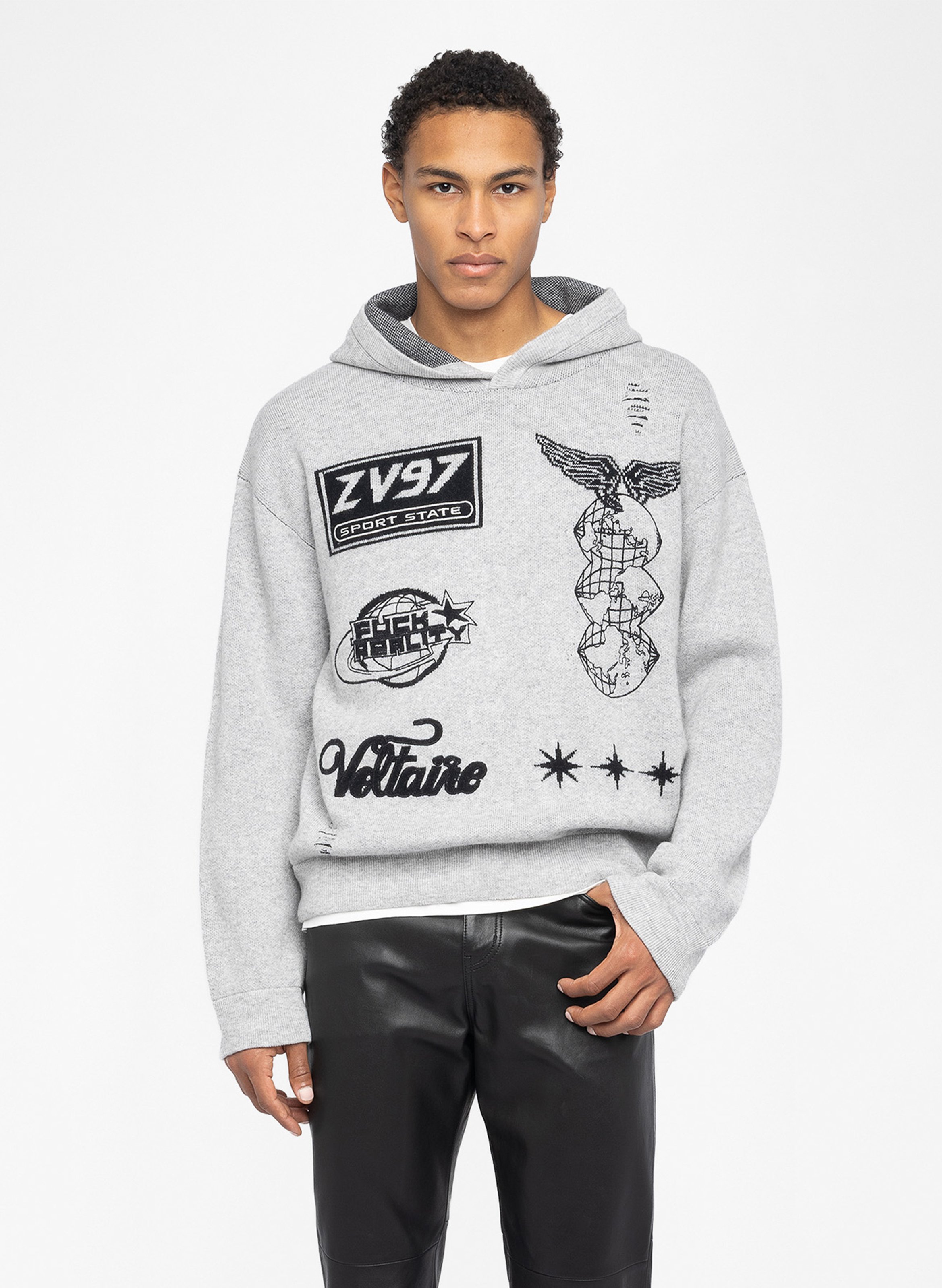 Gerader Hoodie aus Wolle und Kaschmir mit Stickerei ZADIG&VOLTAIRE Grau
