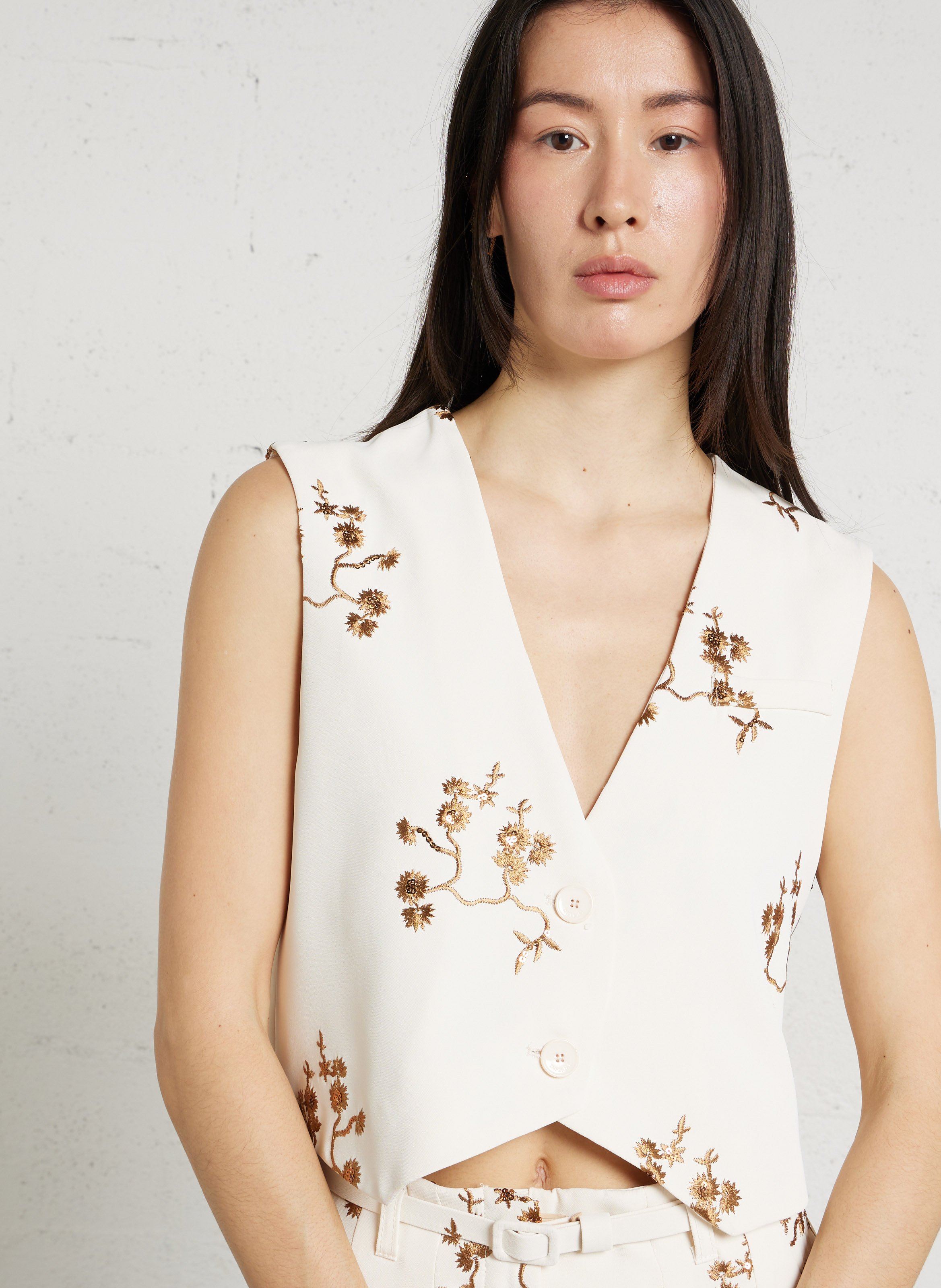 V-hals geborduurde rechte vest IMPERIAL Beige