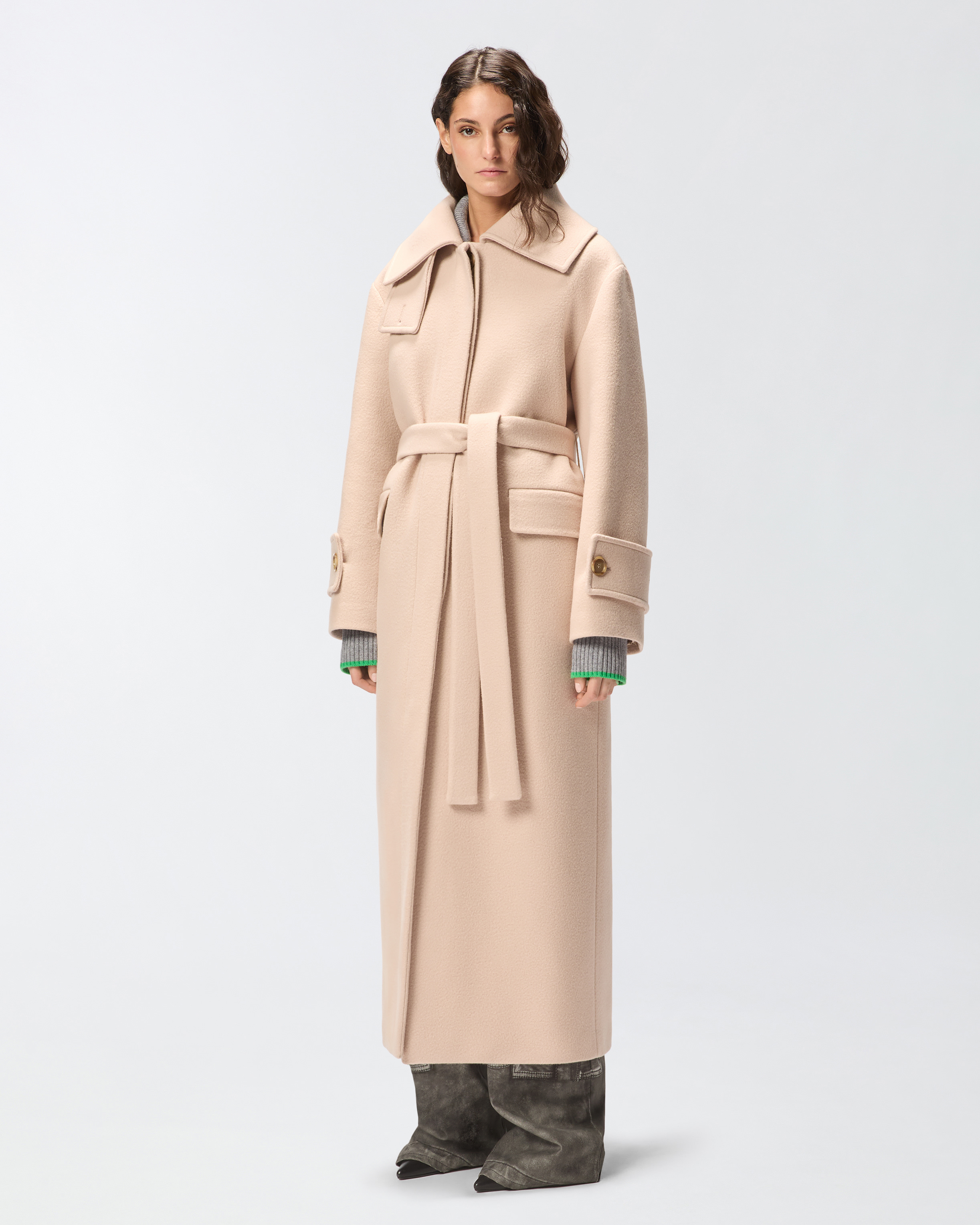 Long belted coat in wool fabric PINKO Beige