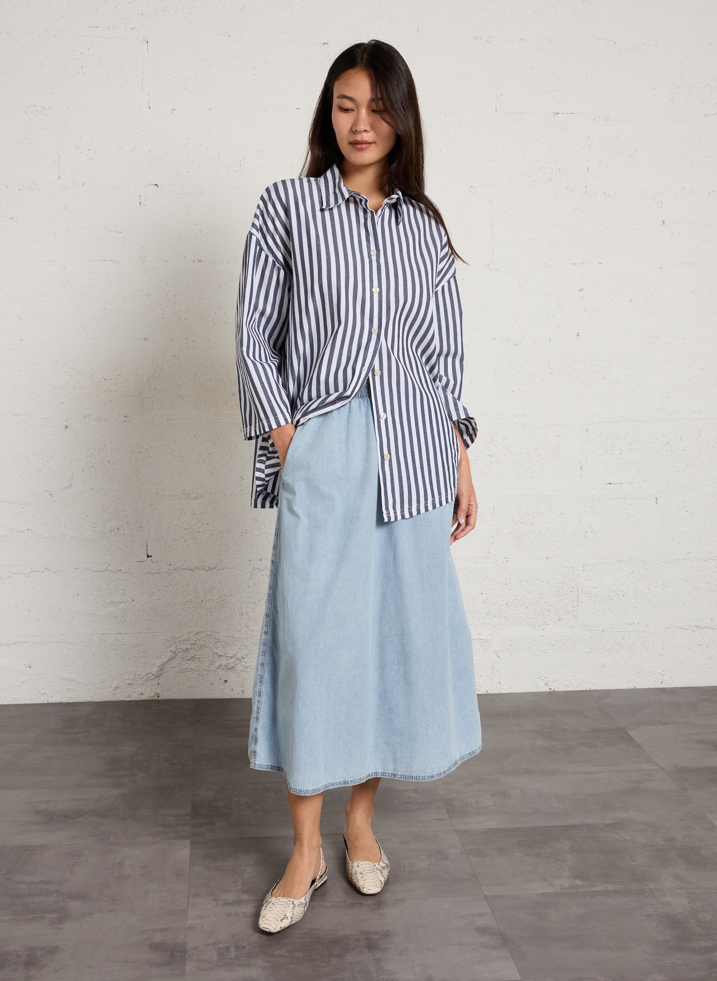 Oversized Striped Long Shirt AMERICAN VINTAGE White