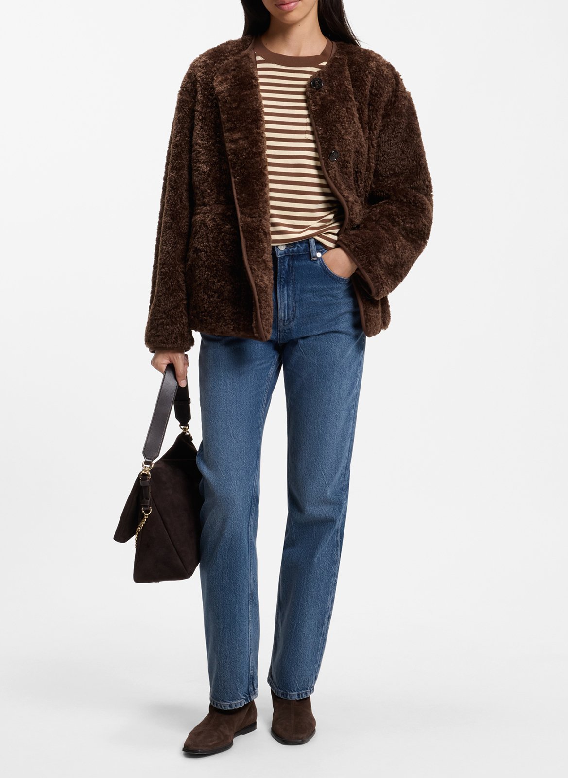 Straight-cut button-up teddy coat BOSS Brown