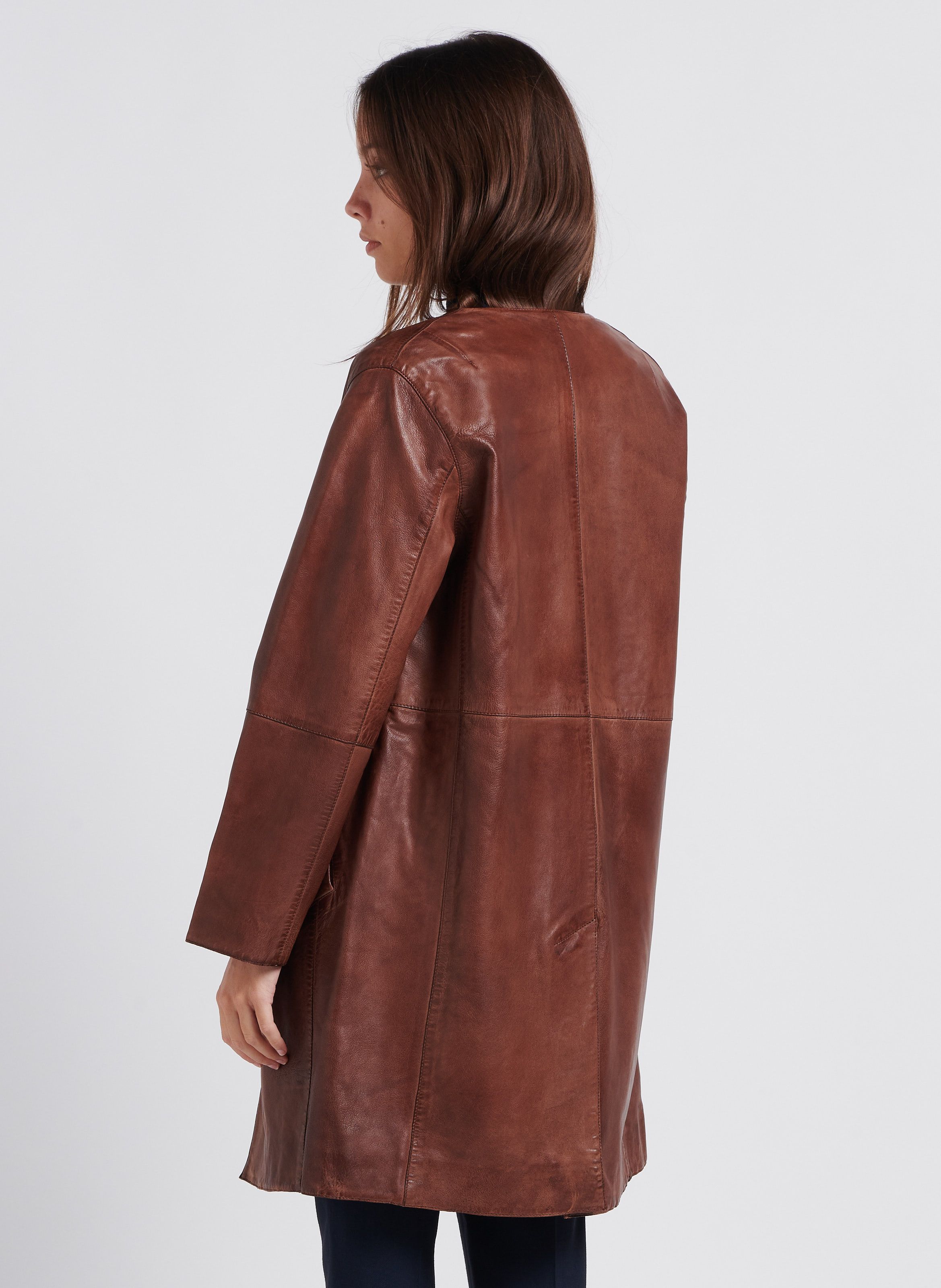 Veste col rond en cuir Marron