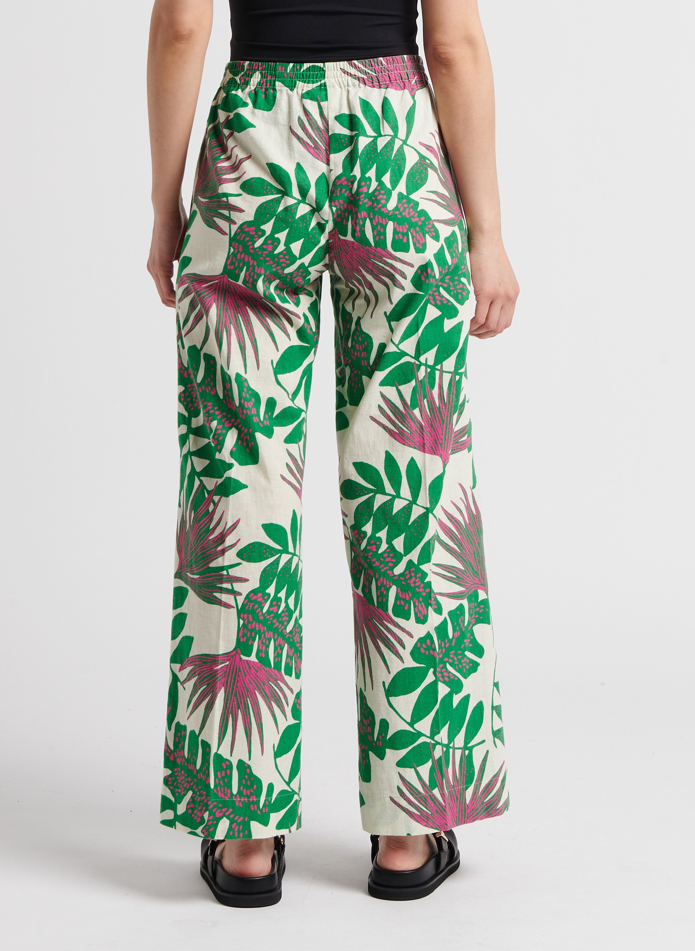 Gerade geschnittene Hose mit Leinen- und Baumwolldruck Grun