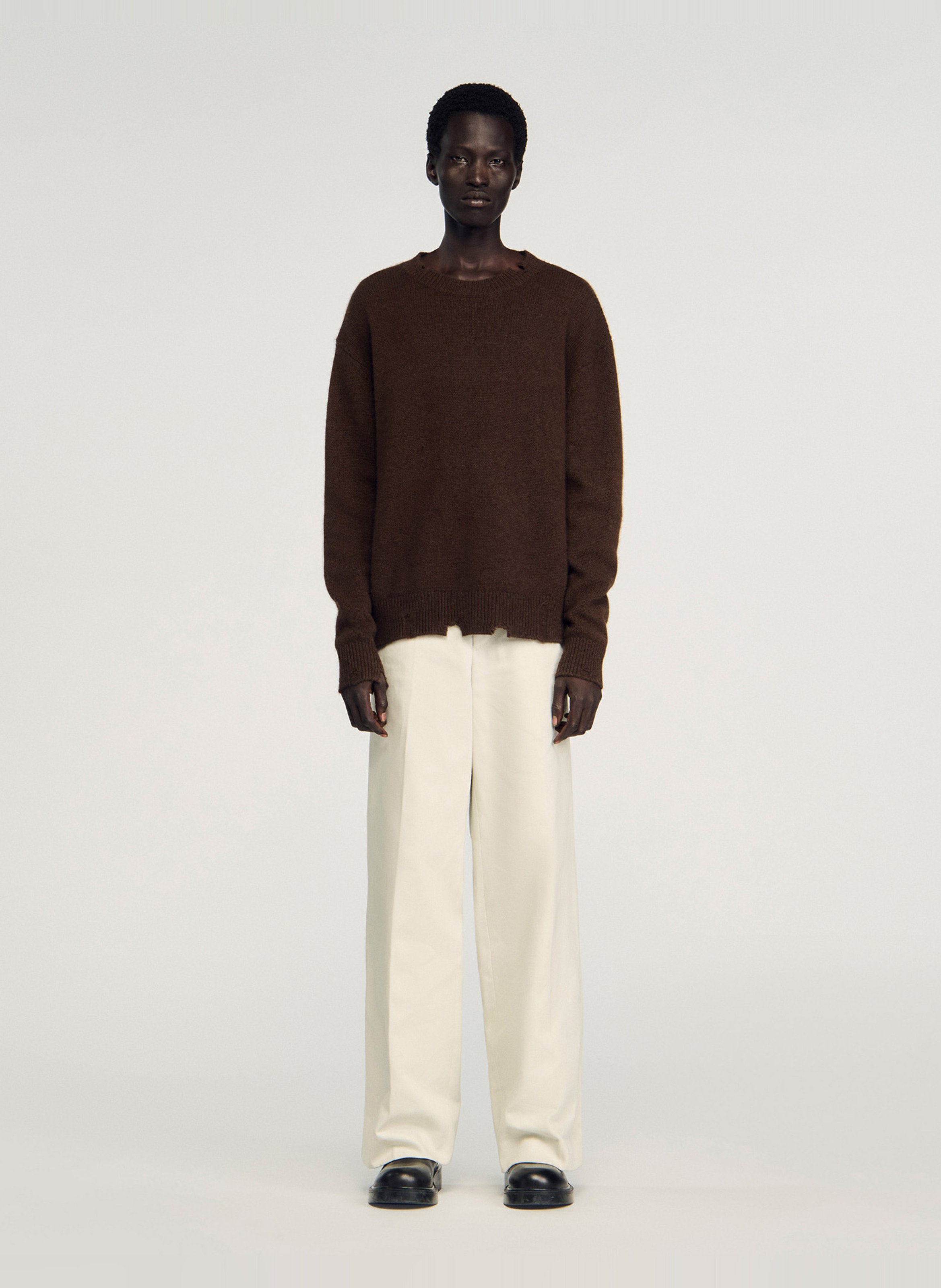 Pull col rond en laine mélangée SANDRO Marron