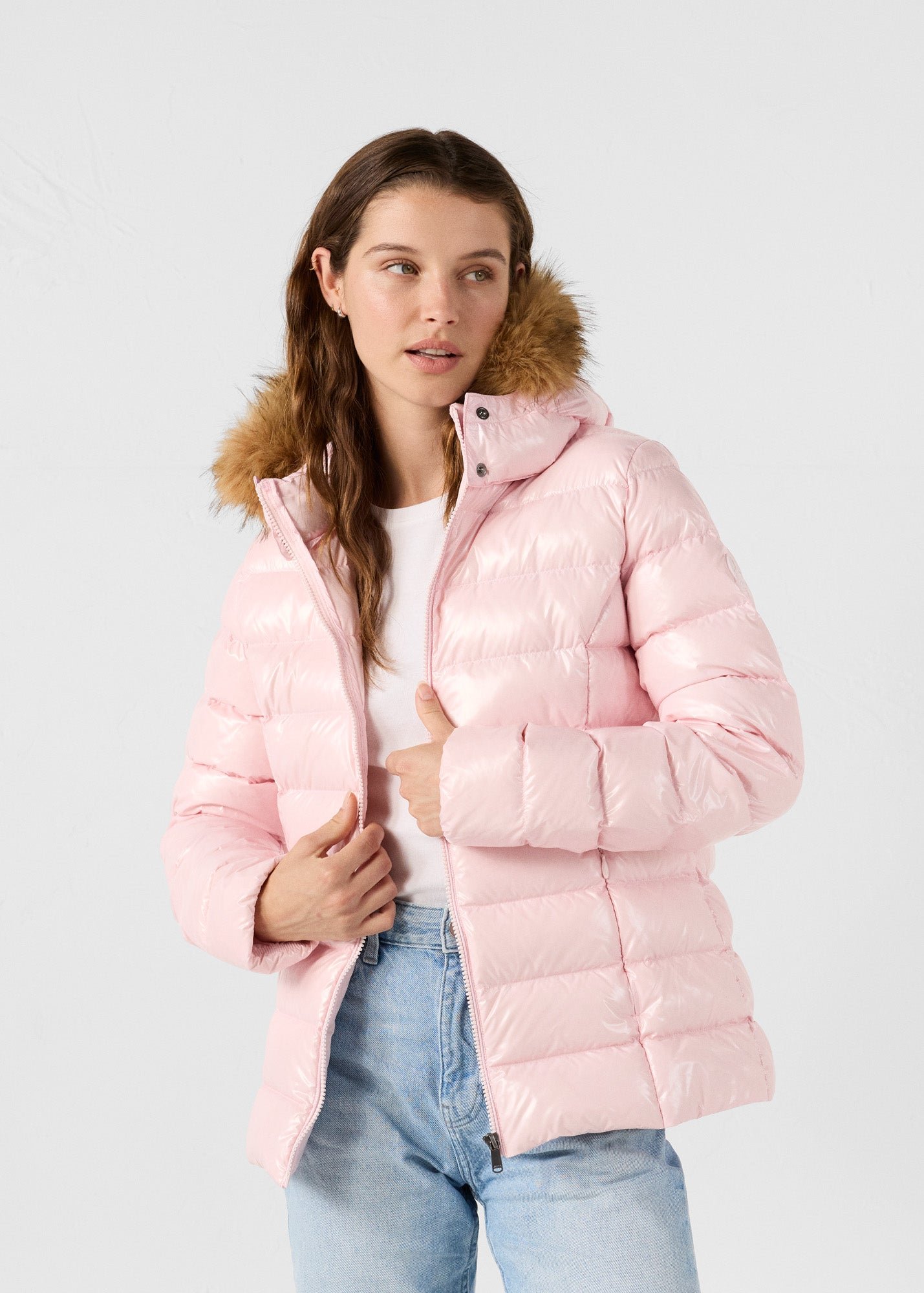 Luxury Petal Pink Lacquered Hooded Puffer Jacket JOTT Pink