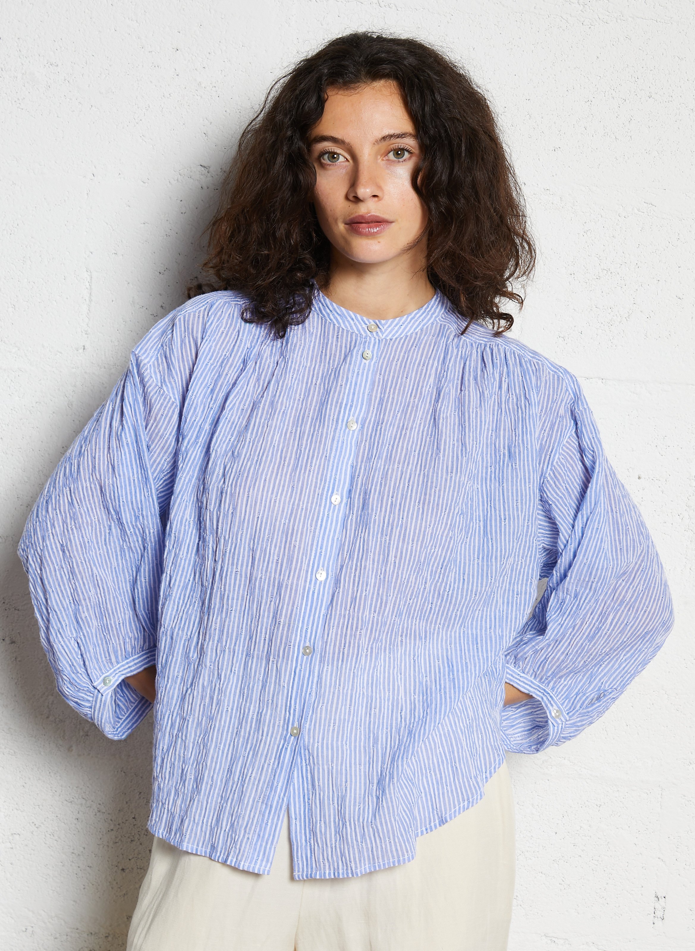 Chemise ample col mao en coton mélangé JC SOPHIE Bleu