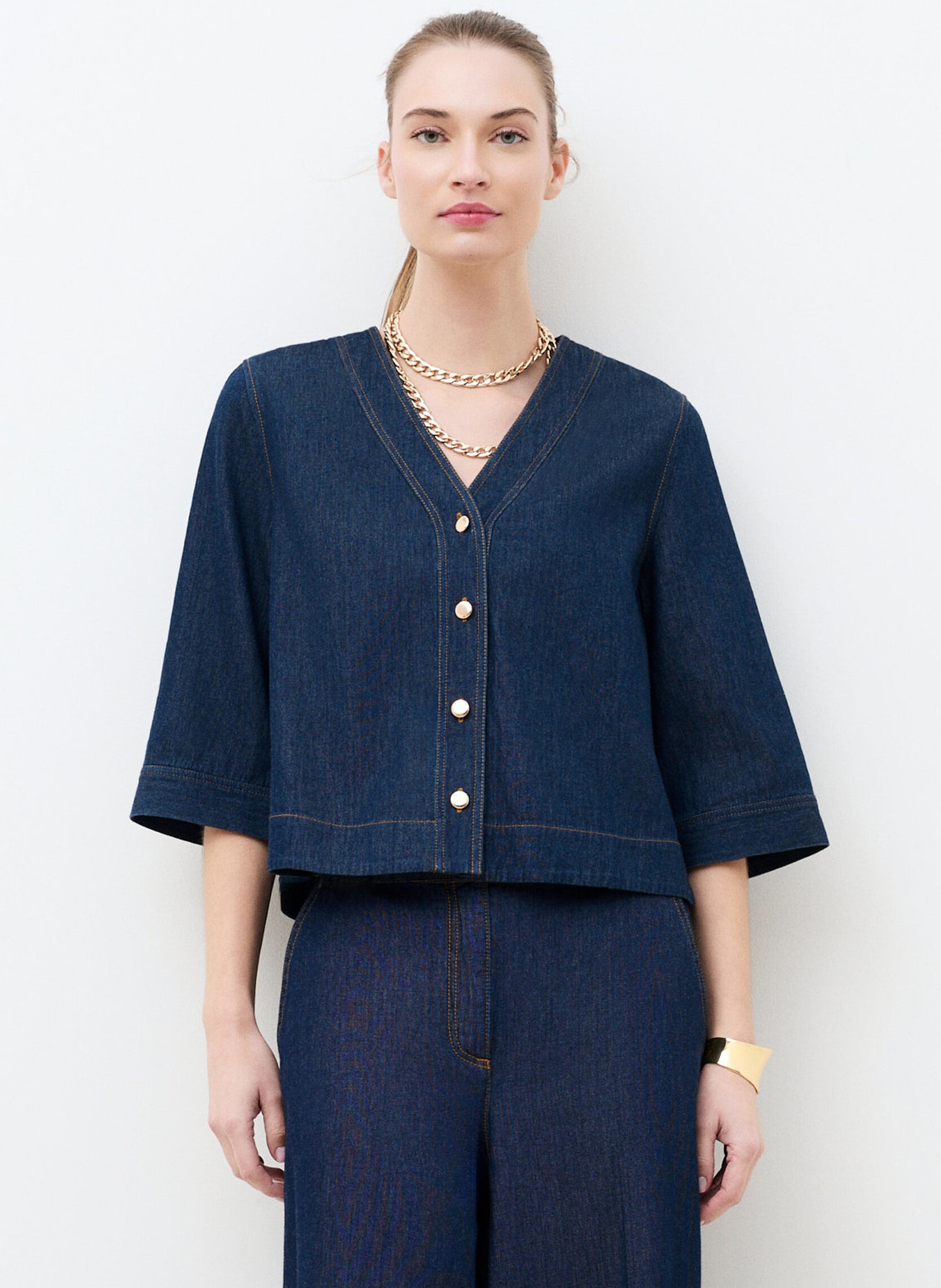 Wijde katoenen blouse met V-hals CAROLL Blauw