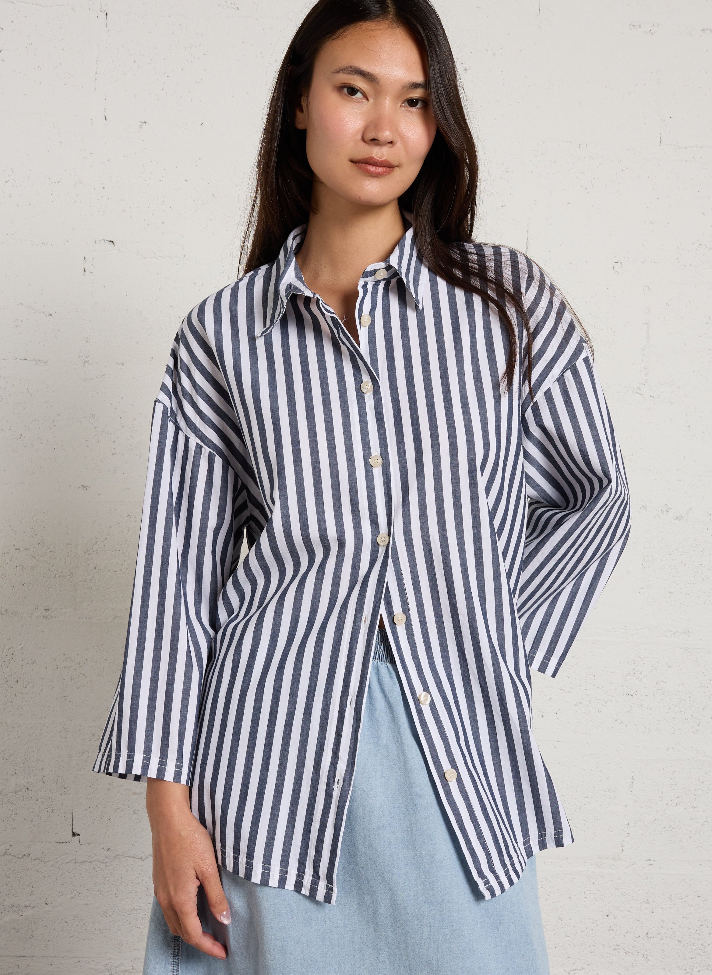 Oversized Striped Long Shirt AMERICAN VINTAGE White