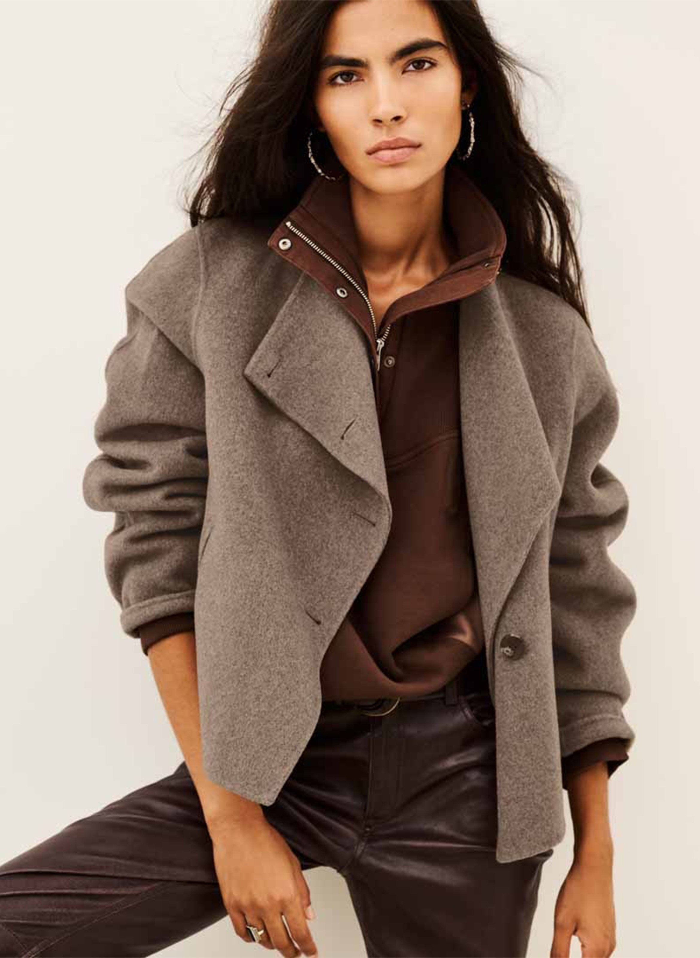 Manteau court ample en laine mélangée BA&SH Marron