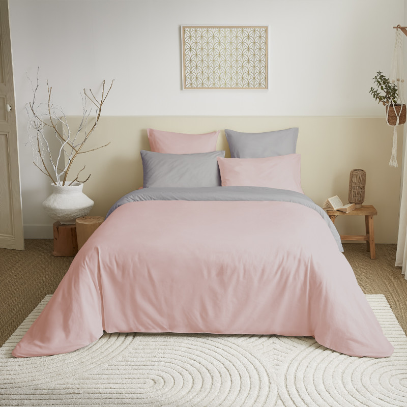 Complete set 6 pieces pink/gray reversible duvet cover for bed 180 x 200 cm "king size" COTON PUR Pink