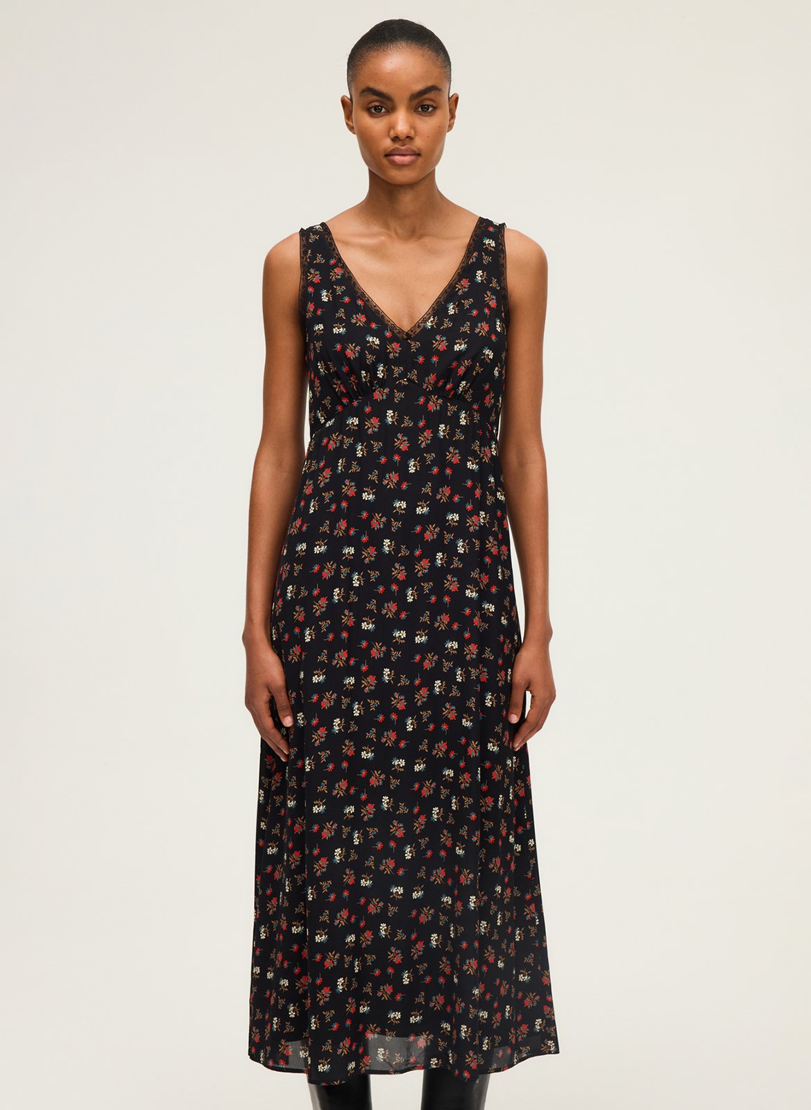 V-neck long printed dress PABLO Black