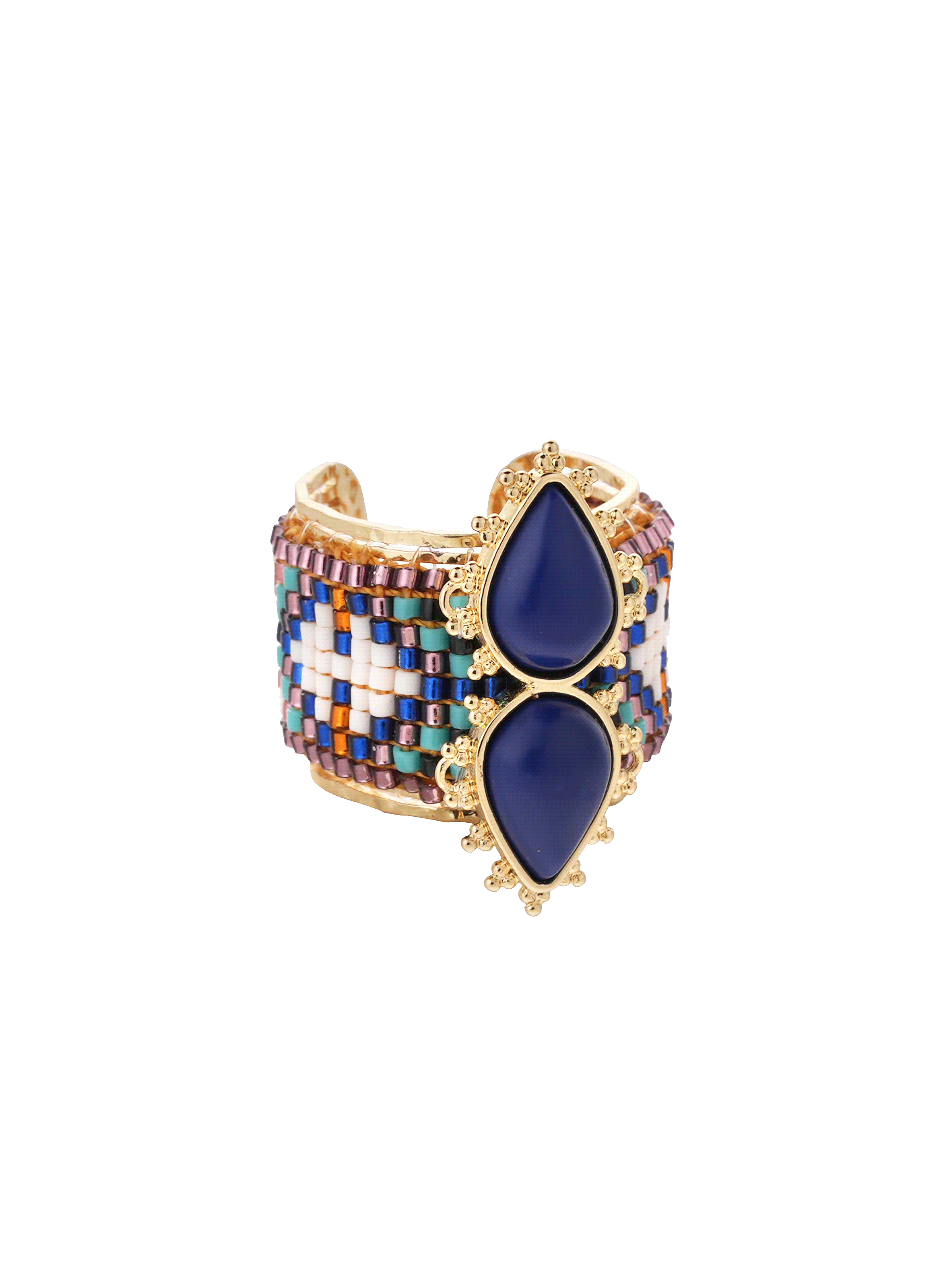 Adjustable ring with central cabochon and woven beads HIPANEMA Blue