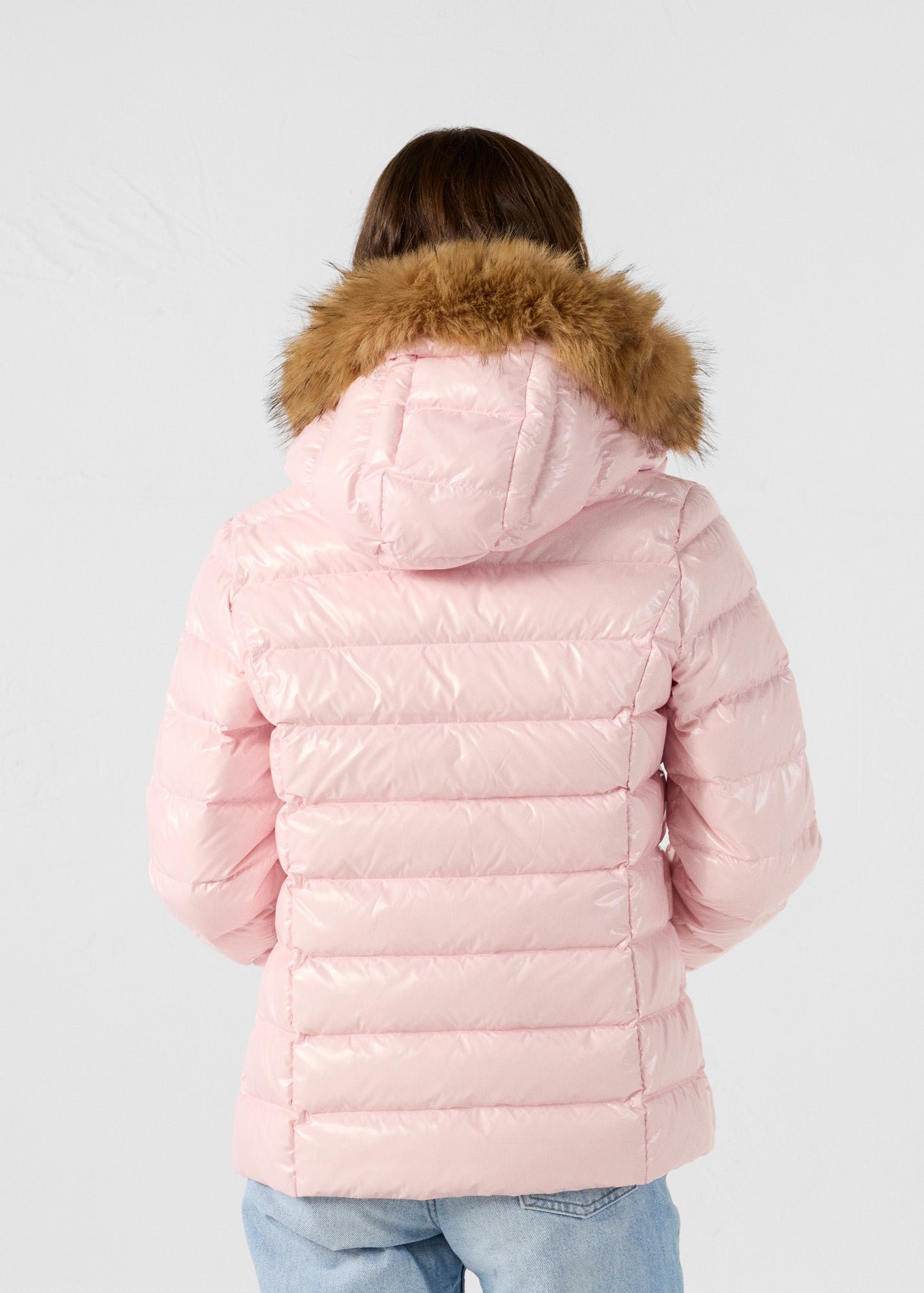 Luxury Petal Pink Lacquered Hooded Puffer Jacket JOTT Pink
