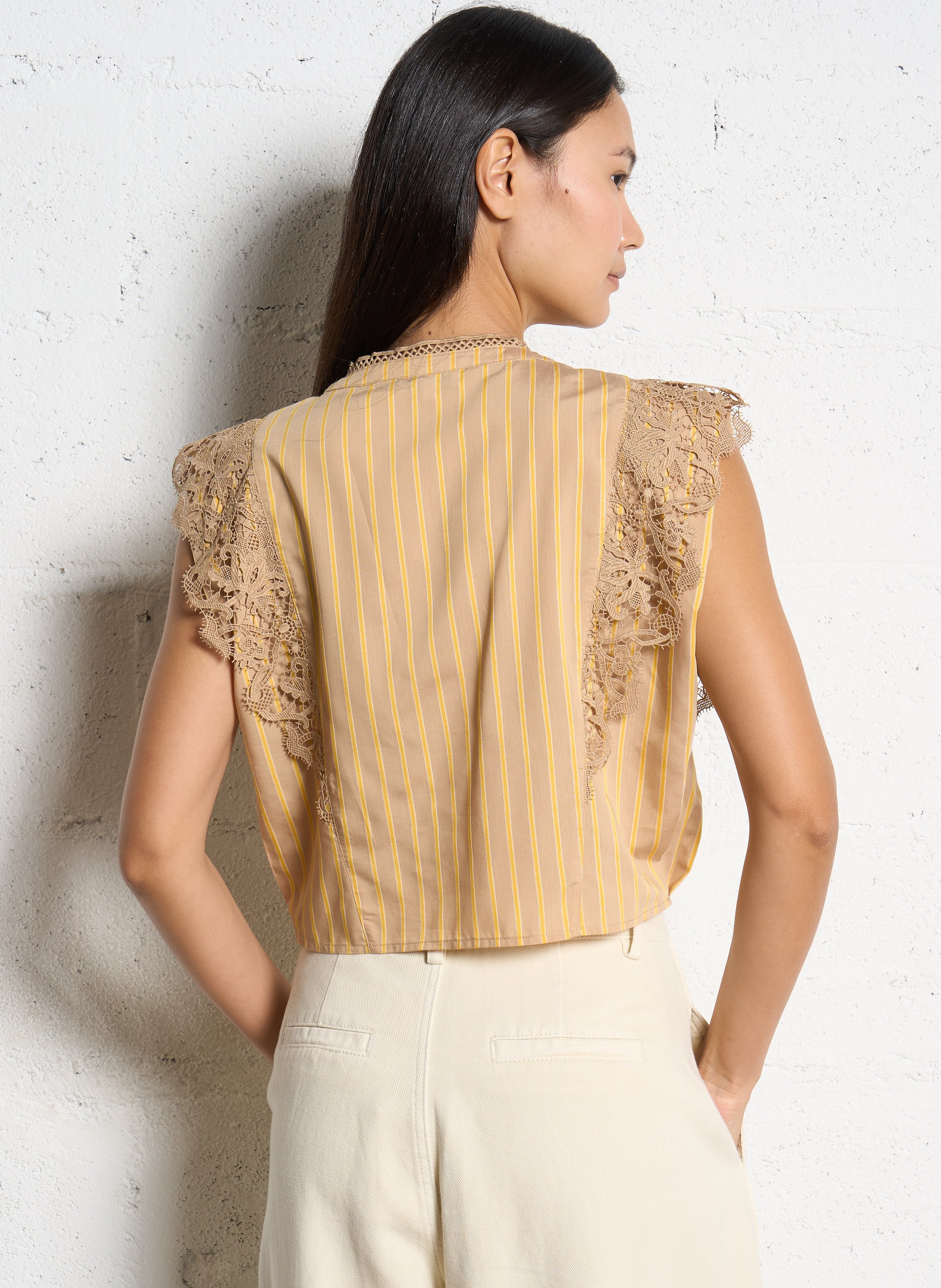 Top droit col rond à rayures SUNCOO Beige