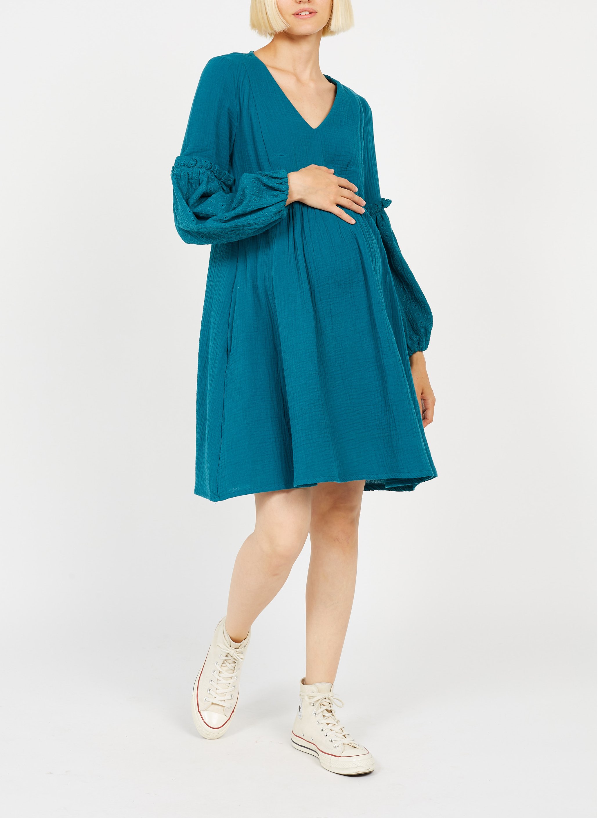 Abito midi premaman in cotone con maniche a sbuffo Blu