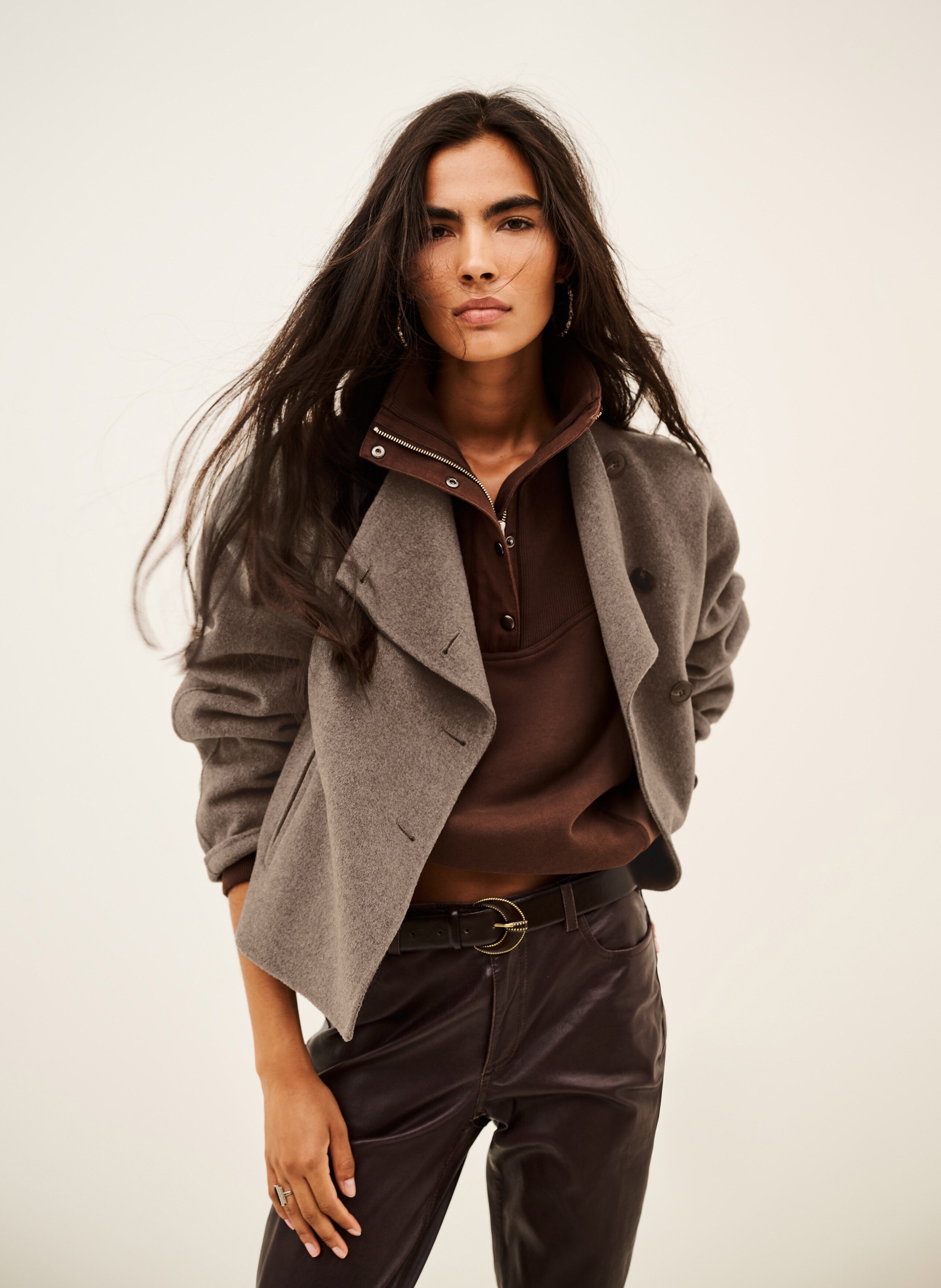 Manteau court ample en laine mélangée BA&SH Marron