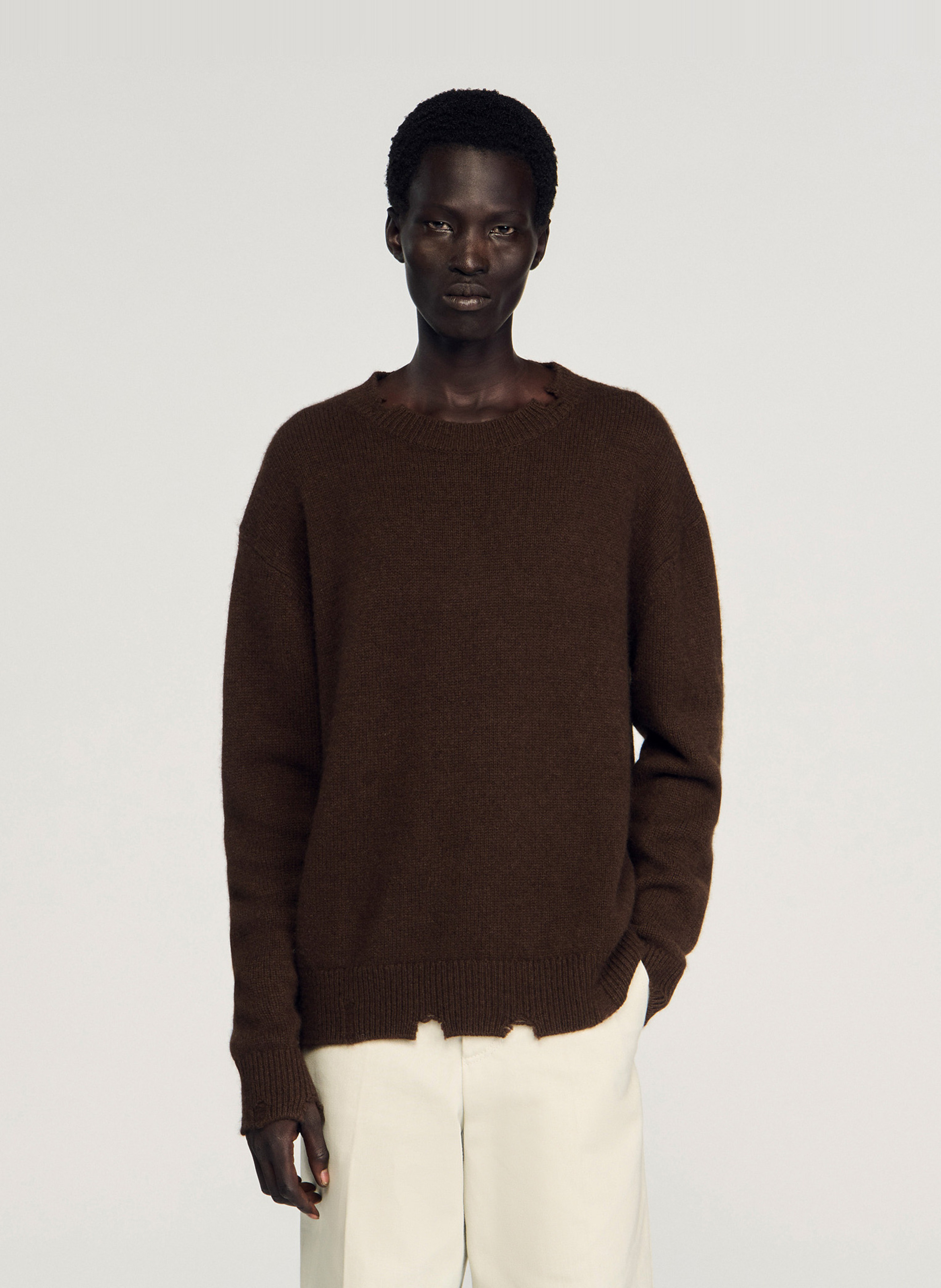 Pull col rond en laine mélangée SANDRO Marron