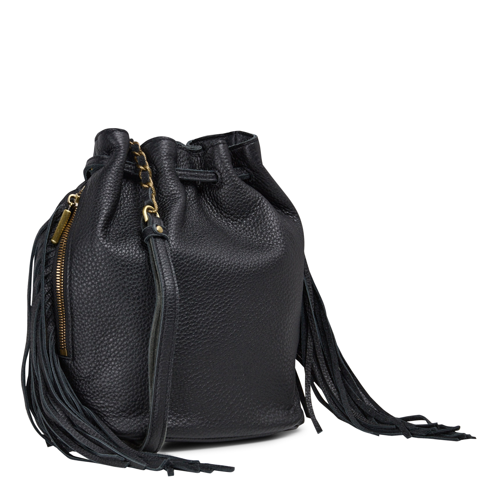 Schoudertas met franjes van generfd leer MILA LOUISE Zwart