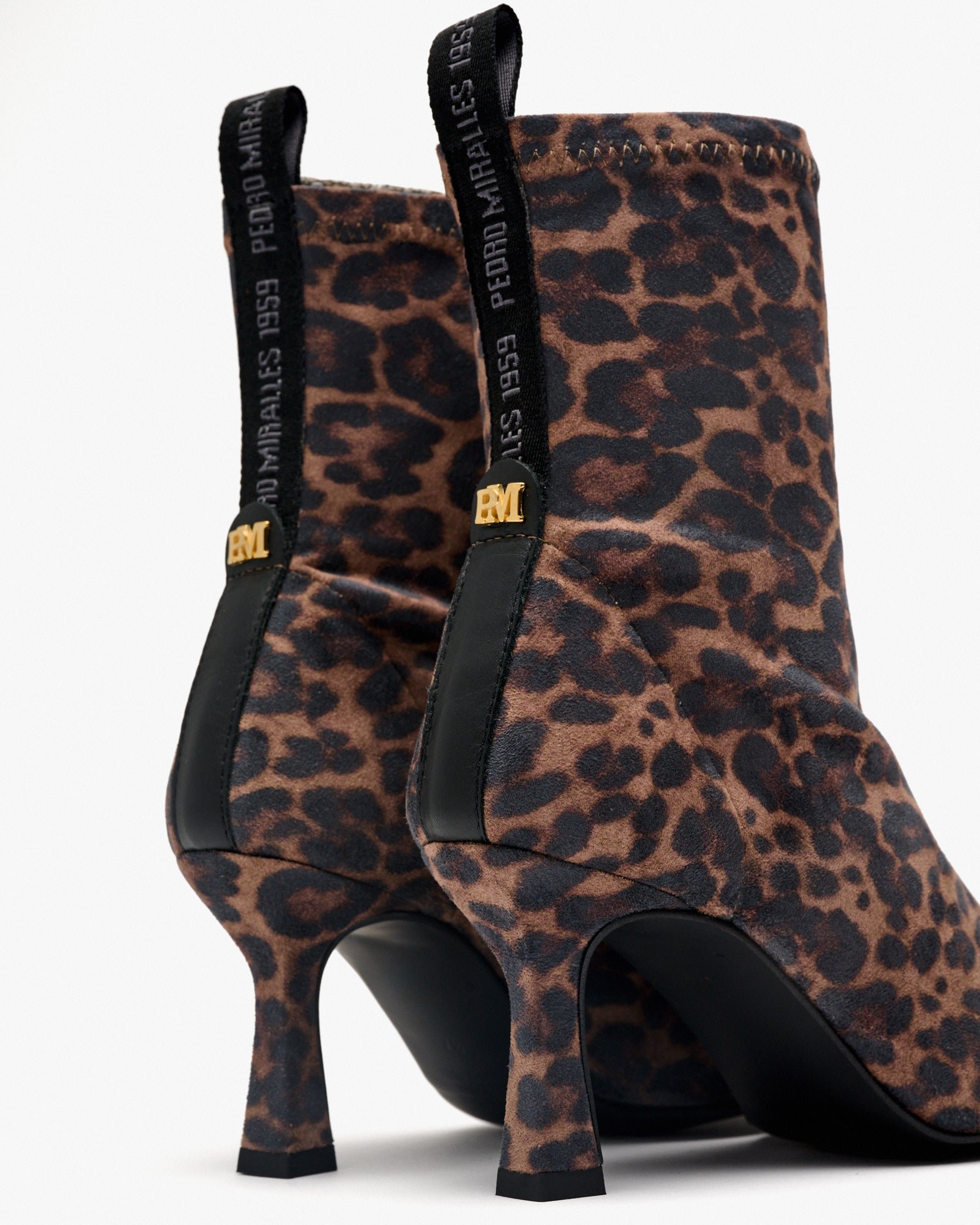 Stretch fabric ankle boots in leopard print faux suede. PEDRO MIRALLES Brown