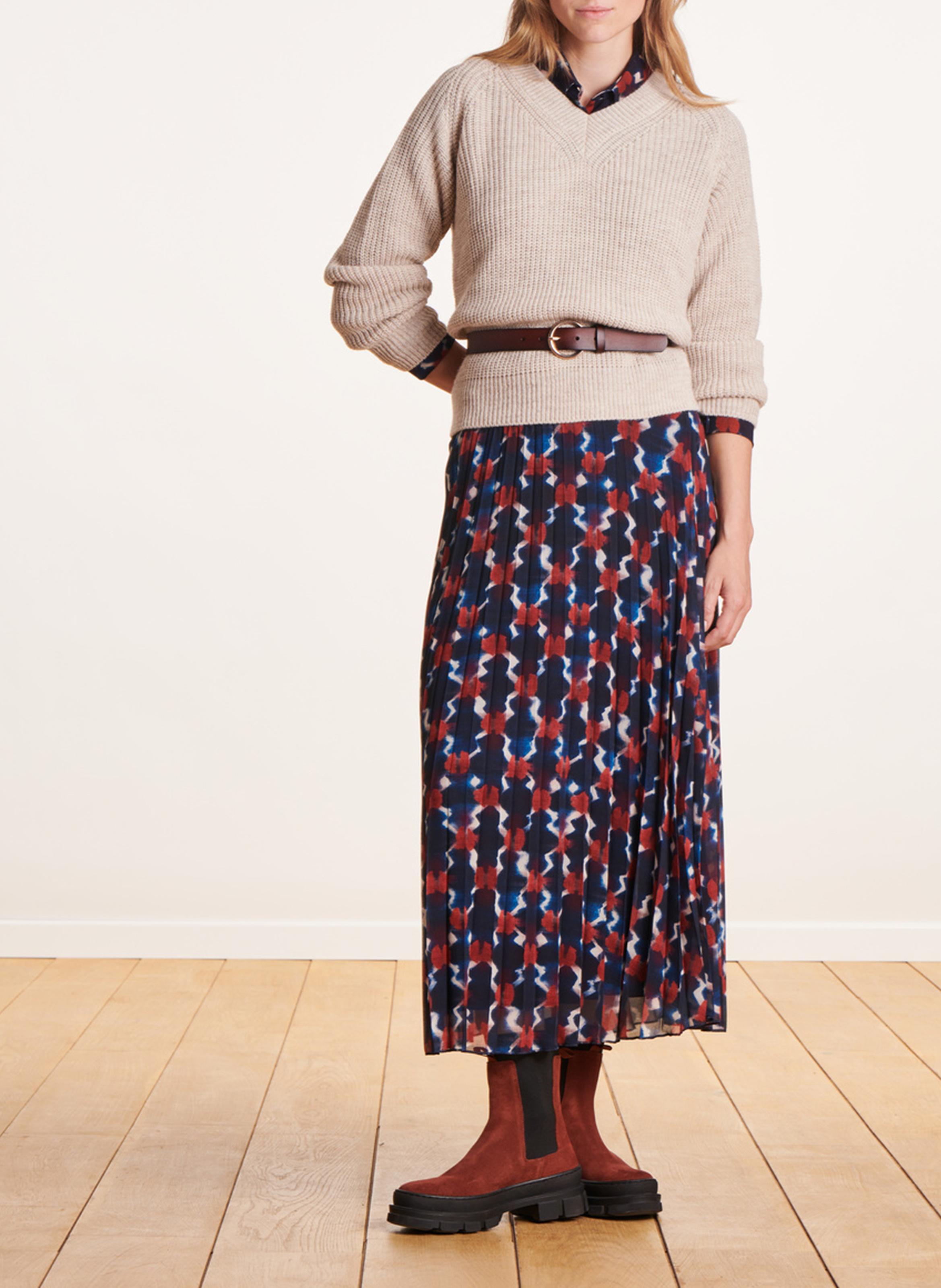 Gerade geschnittener Strick-Mix-Pullover mit V-Ausschnitt LA FEE MARABOUTEE Beige