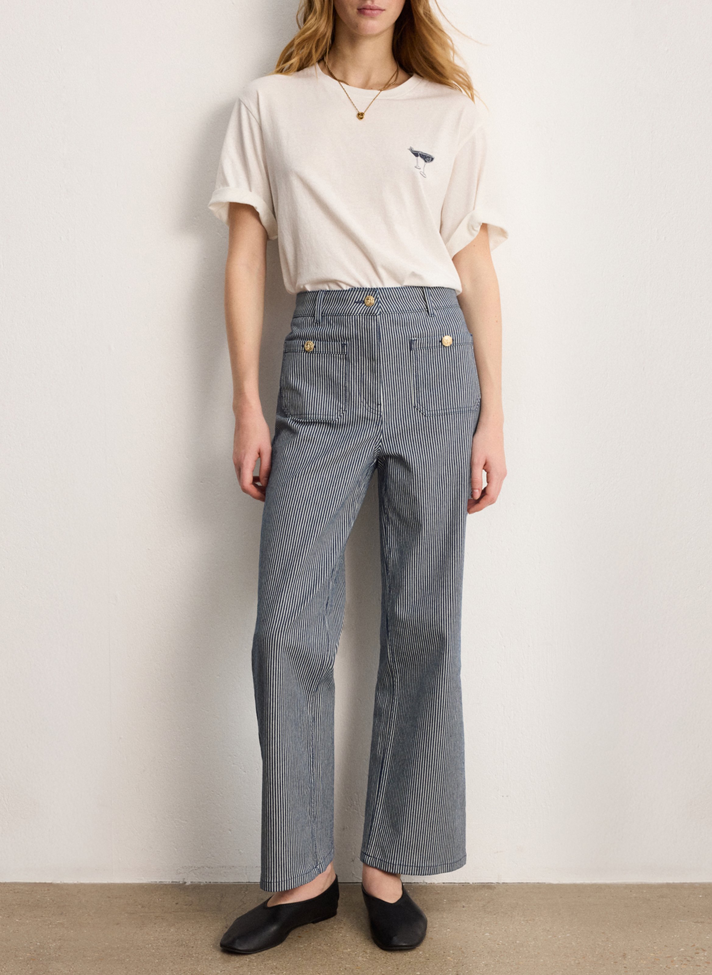 Jean évasé taille haute en coton mélangé PABLO Bleu