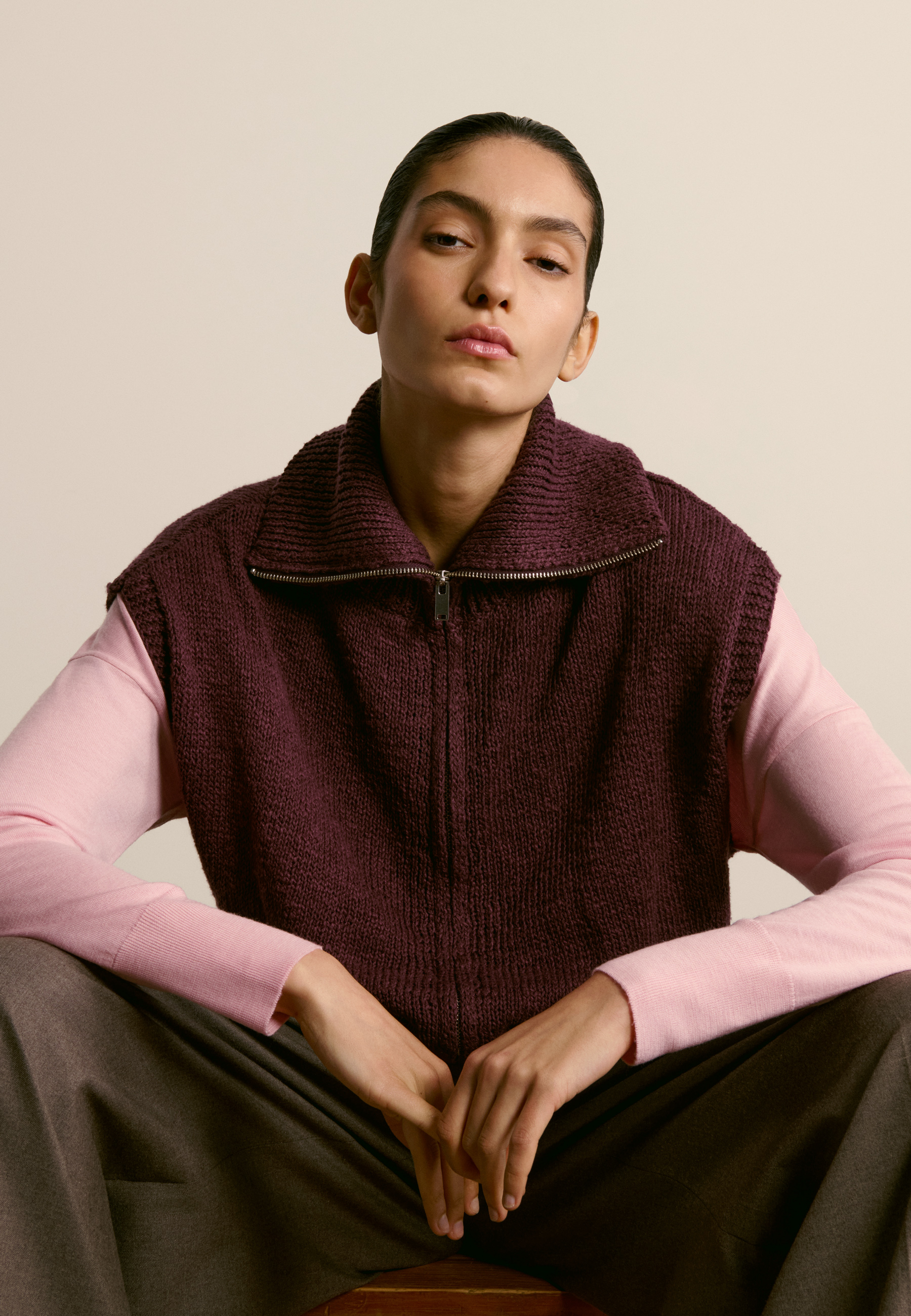 Short-sleeved zip-up cotton and linen vest MAISON MONTAGUT Purple