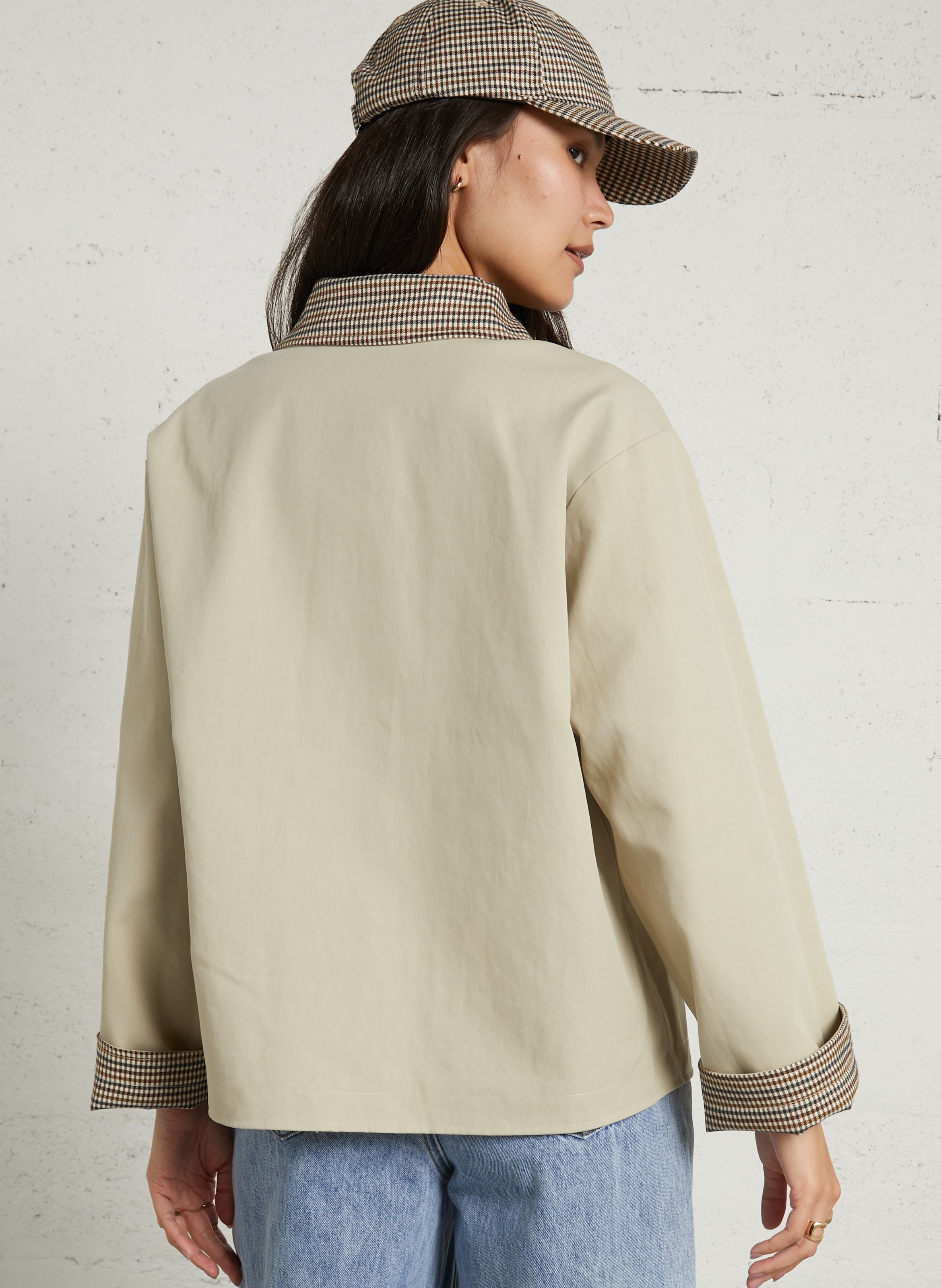 Veste droite col rabattu en coton imprimé SUNCOO Beige