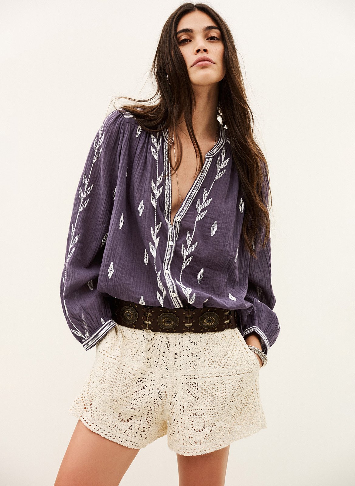 Katoenen blouse met tuniekhals en borduursel BA&SH Violet