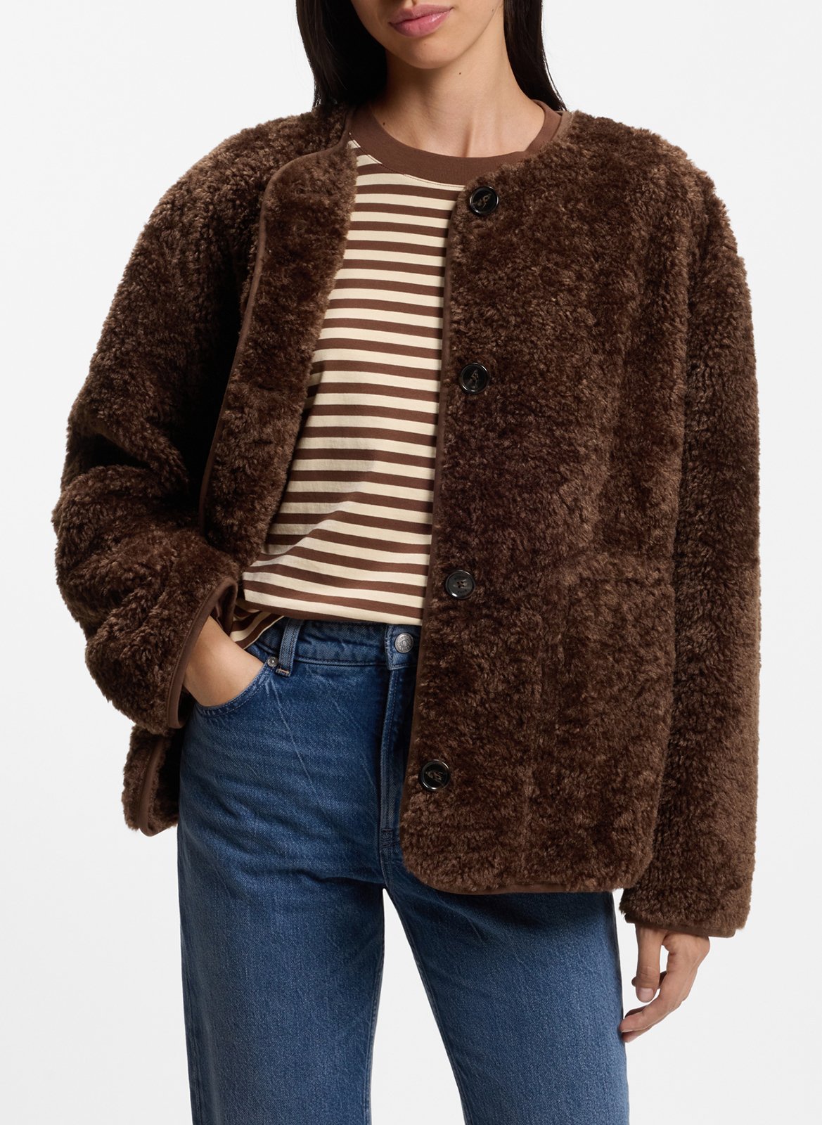 Straight-cut button-up teddy coat BOSS Brown