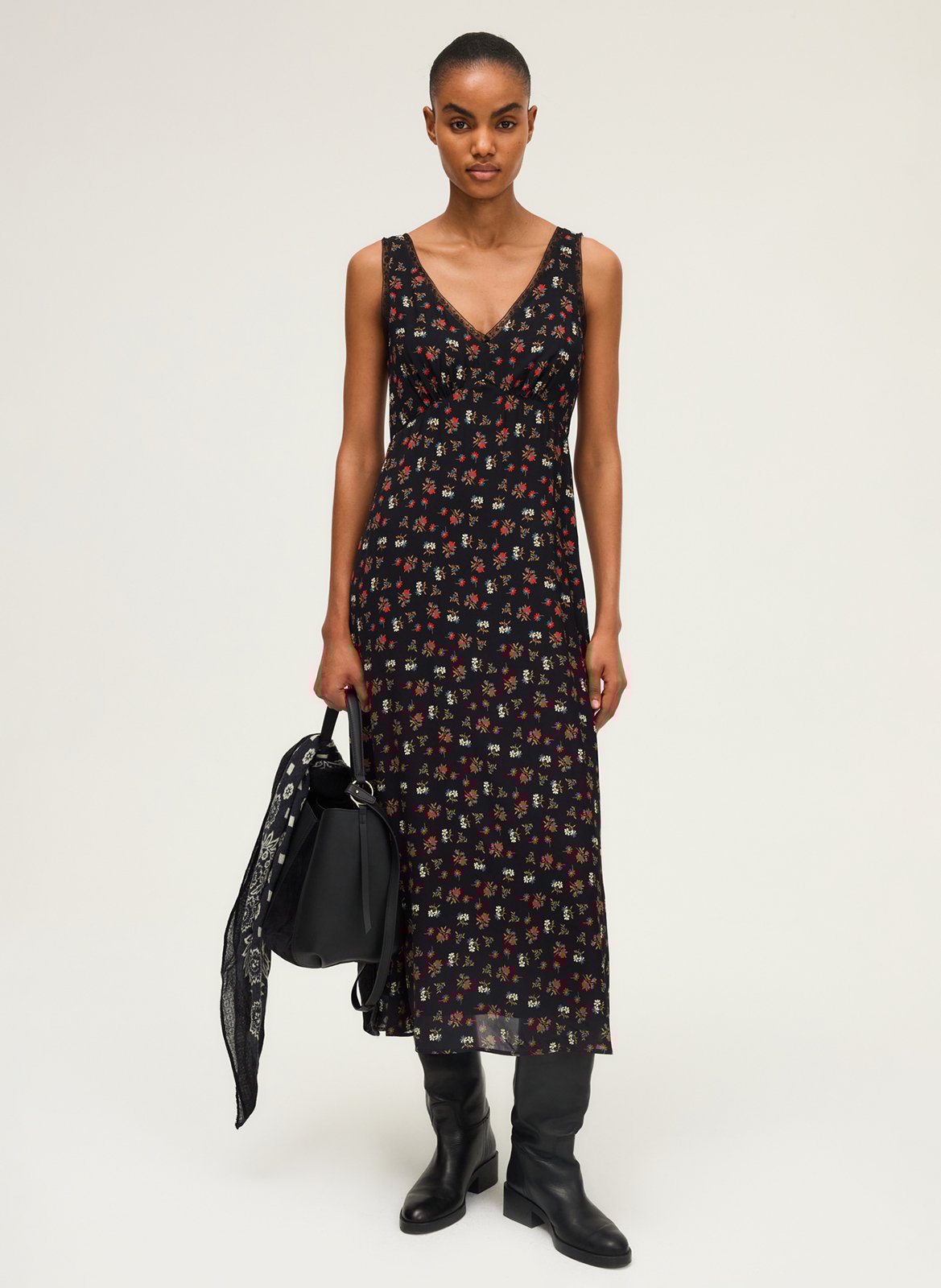 V-neck long printed dress PABLO Black