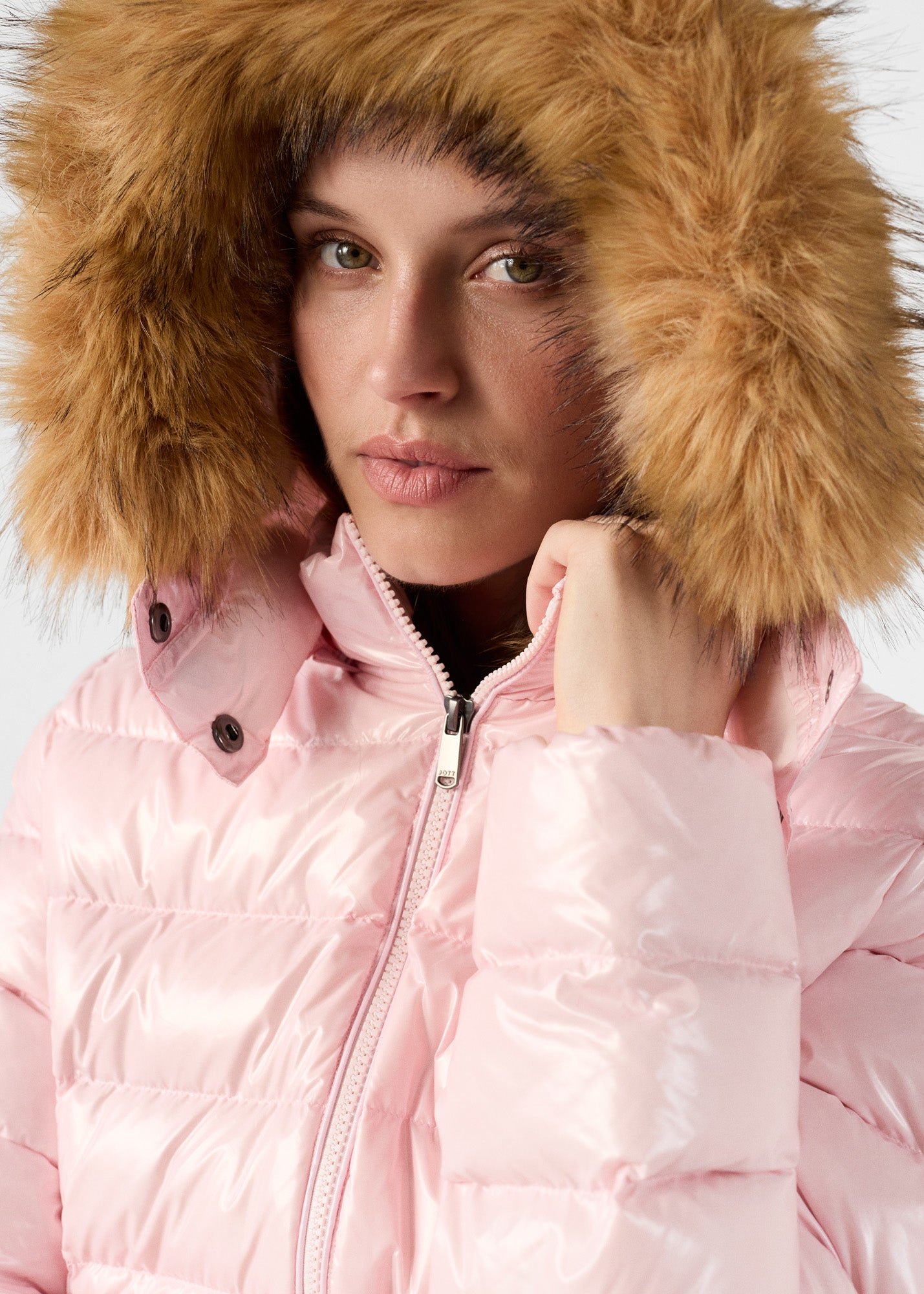 Luxury Petal Pink Lacquered Hooded Puffer Jacket JOTT Pink