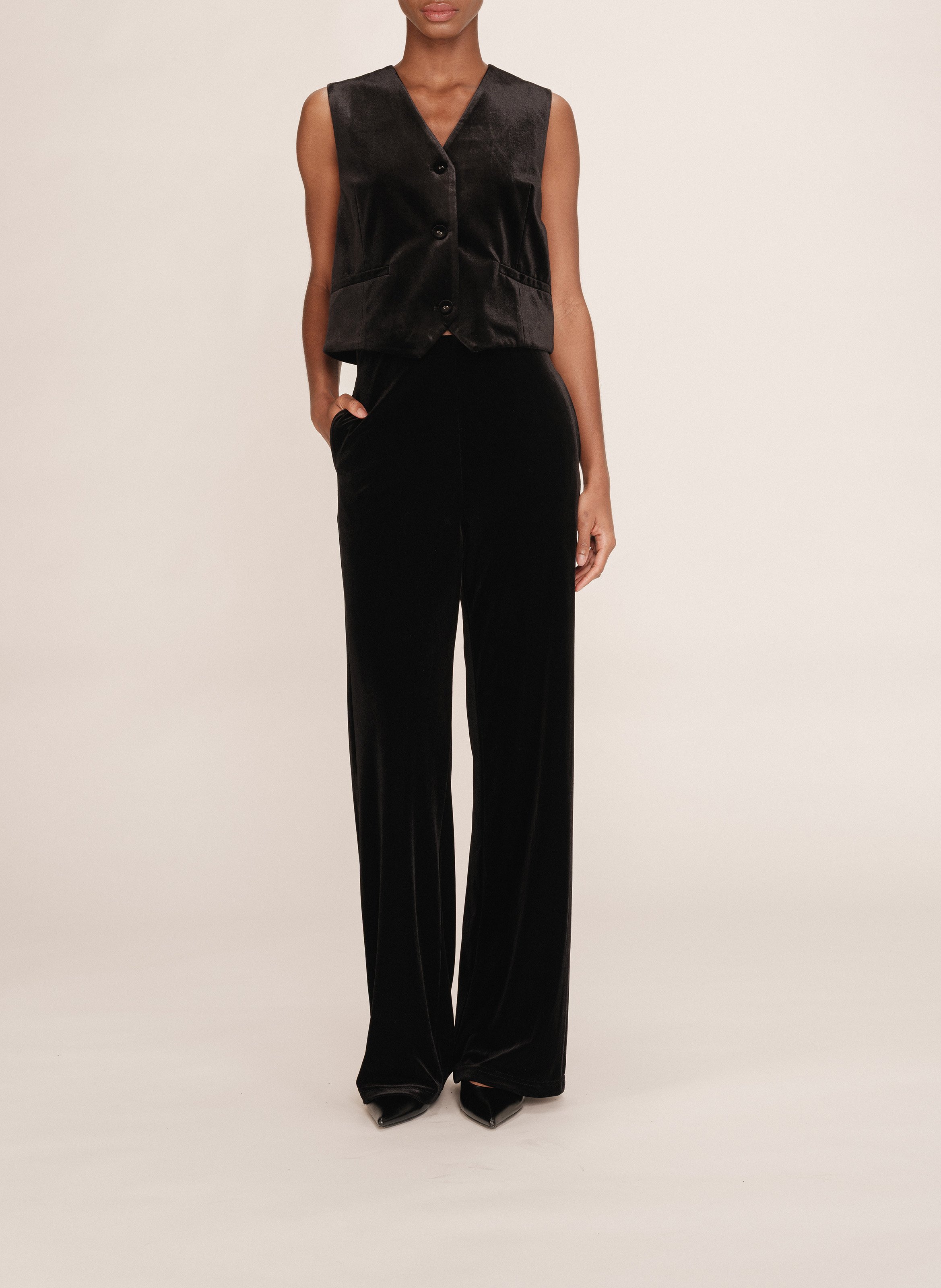 Pantalon taille haute élastiqué en velours GRACE ET MILA Noir