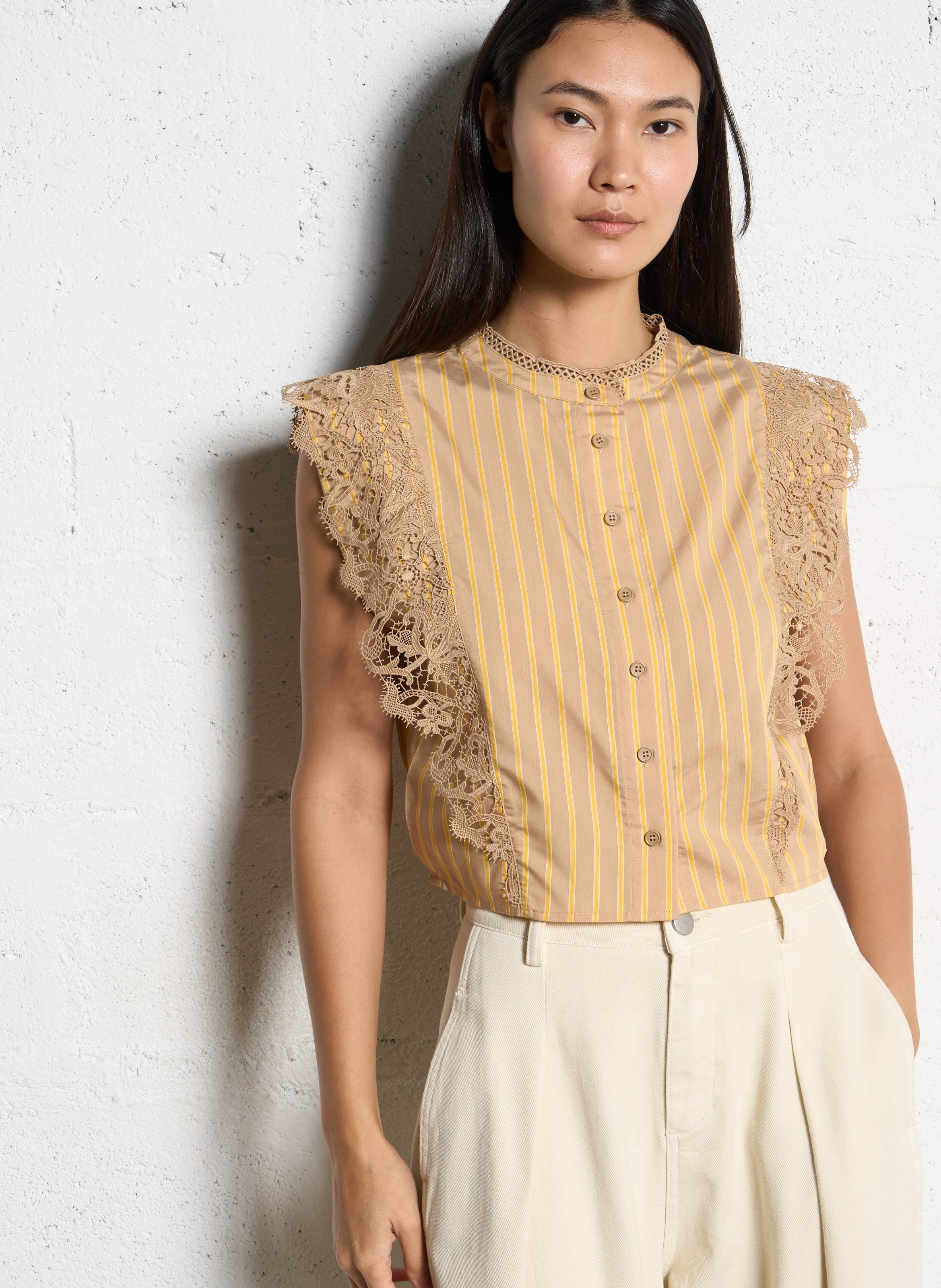 Top droit col rond à rayures SUNCOO Beige