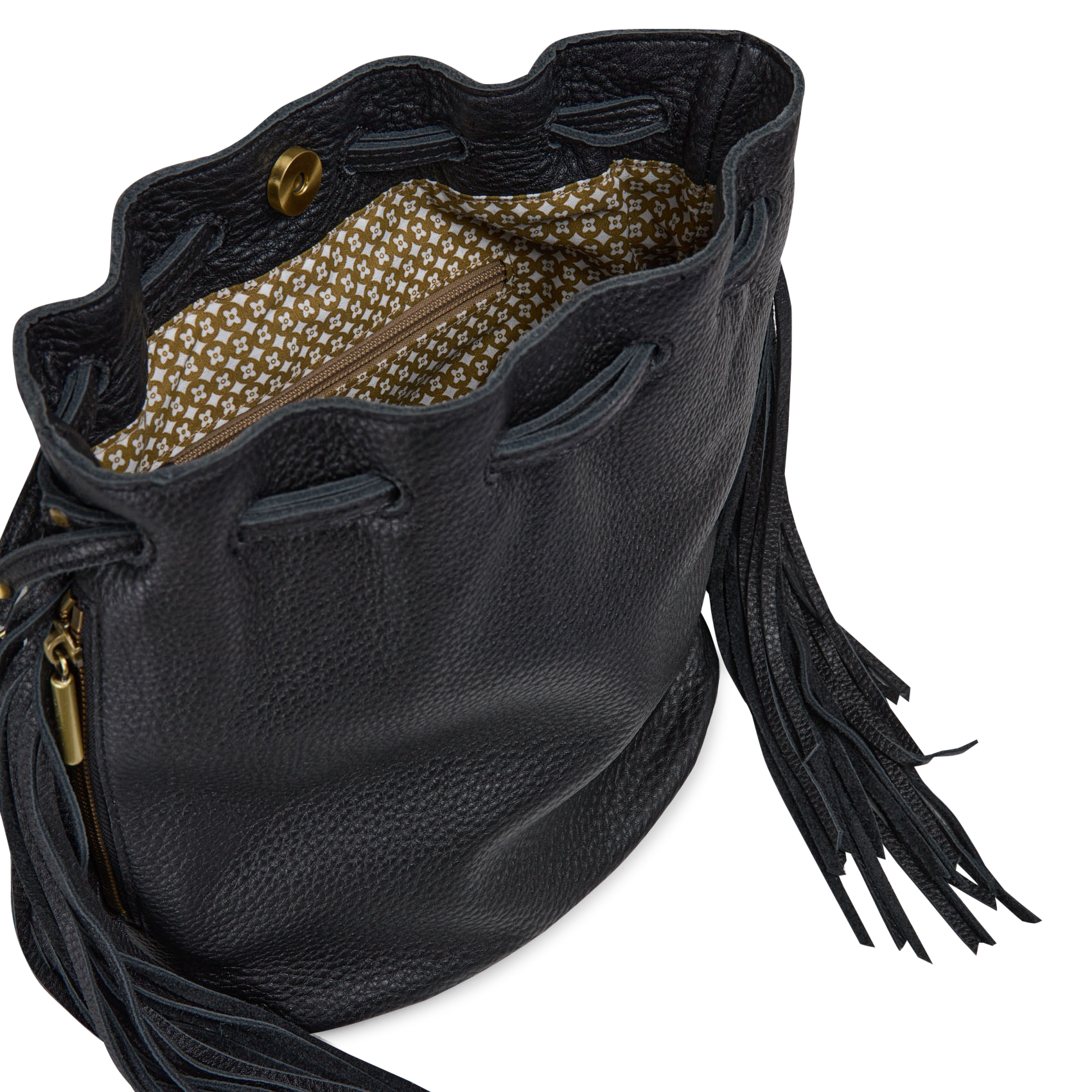 Schoudertas met franjes van generfd leer MILA LOUISE Zwart